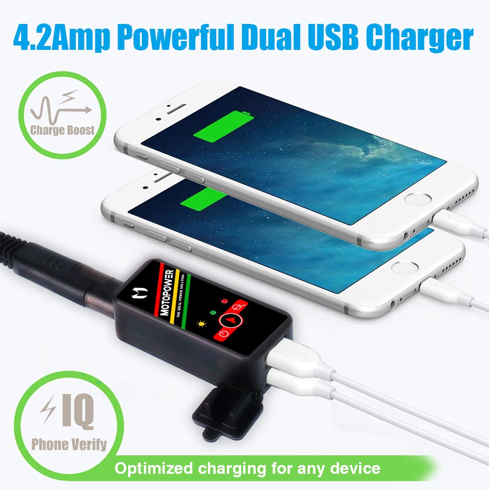 MOTOPOWER MP0620B 4.2Amp Motorcycle Dual USB Charger SAE to USB Adapter with Battery Monitor Switch Control 5