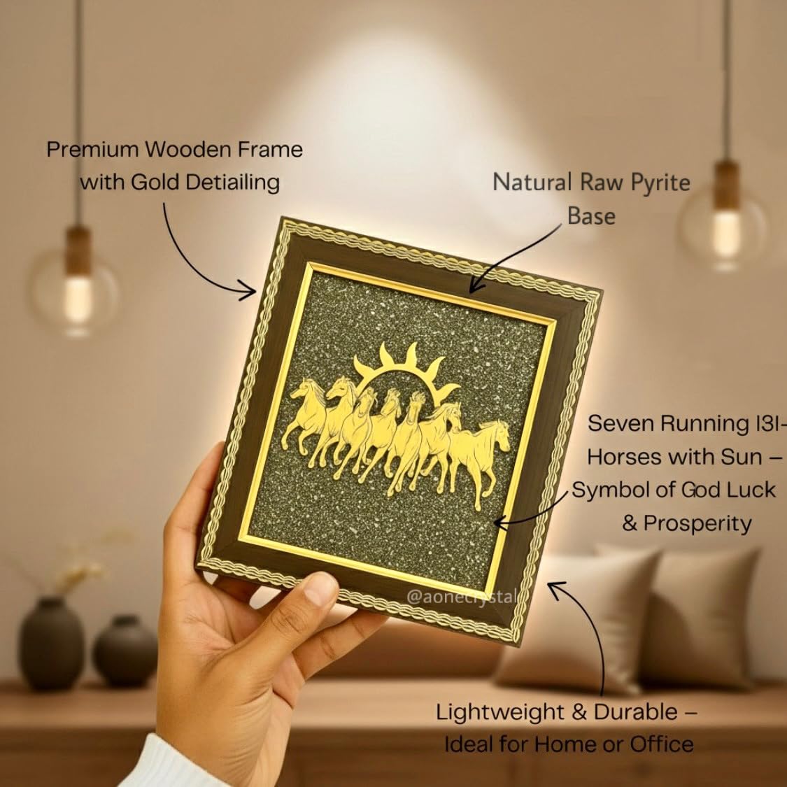 A-One Crystal 7 Horses on Raw Pyrite Frame with Sun | Seven Horses Wall Decor for Money, Success & Protection | Original Raw Pyrite Stone Vastu Wall Decor for Home & Office | Wealth Attraction Good Luck Gift | 19 x 19 cm 6