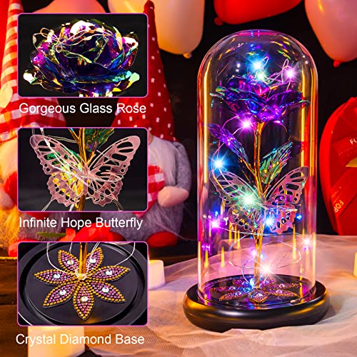 Gifts for Women, Galaxy Glass Rose Flowers Birthday Gifts Forever Eternal Crystal Light Up Rose in Glass Dome with Butterfly Presents for Her Mom Sister Wife Girlfriend Purple 2