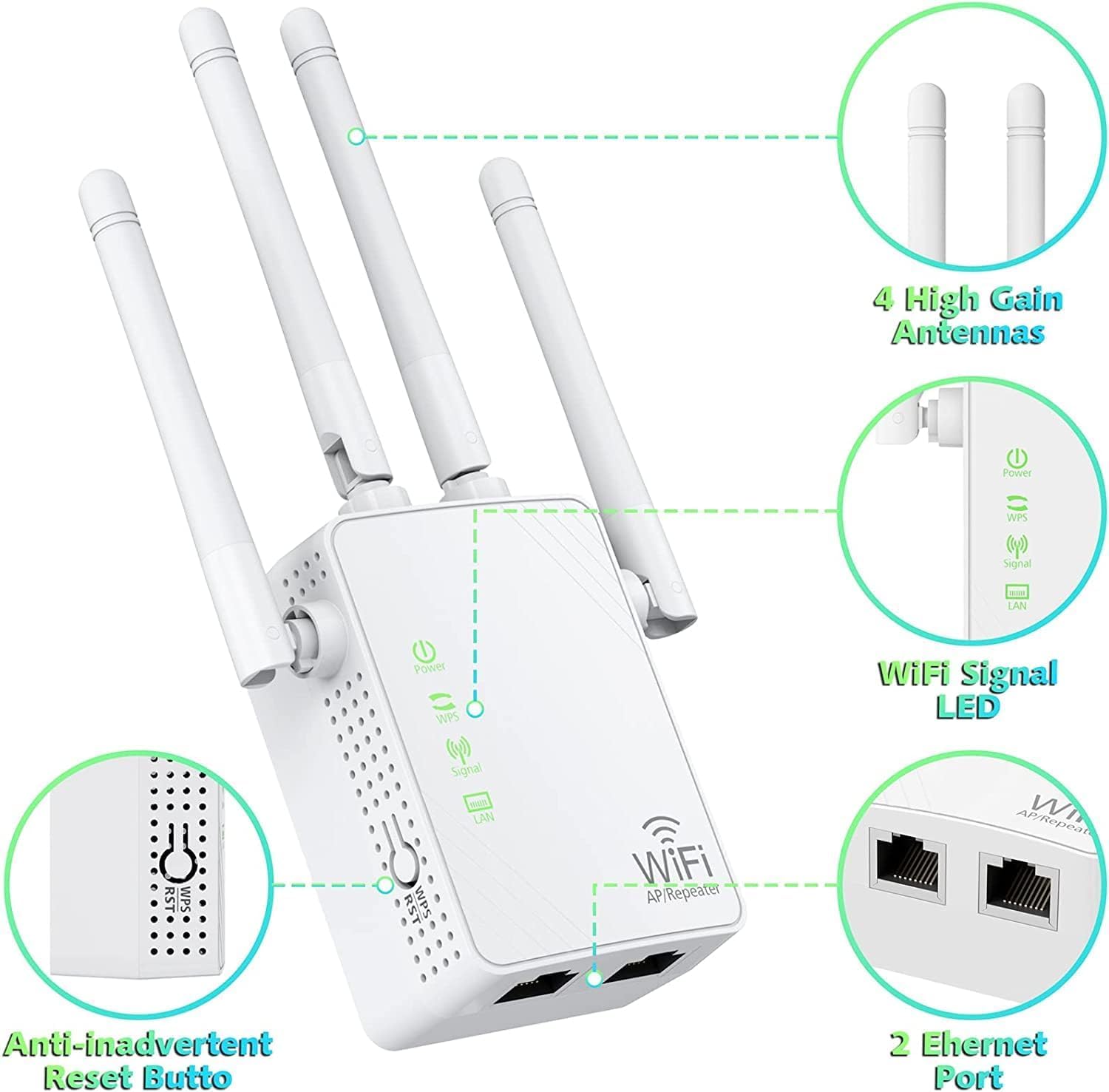 WiFi Extender Signal Booster Up to 6000sq.ft and 50+ Devices, WiFi Range Extender, Wireless Internet Repeater, Long Range Amplifier with Ethernet Port, Access Point, 1-Key Setup, Alexa Compatible 4