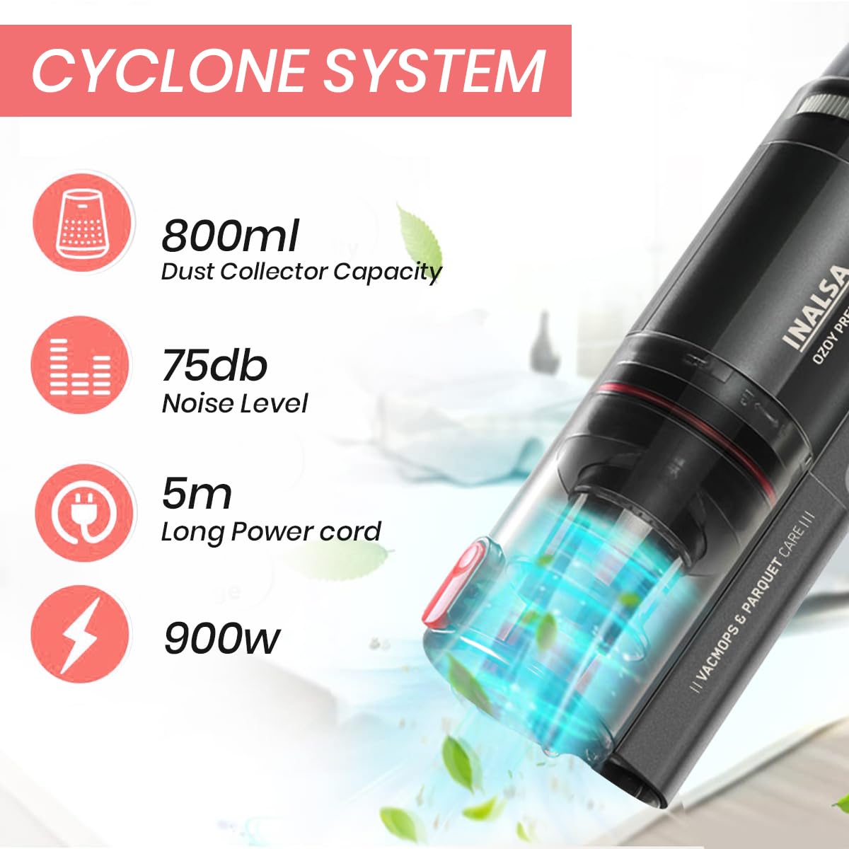 Inalsa Vacuum Cleaner with Mop for Floor Cleaning|900 W Motor with Strong 18 KPA Suction|Electric Mop for Floor Cleaning|5 Level Efficient Filtration|Handheld Vacuum Cleaner for Home(Ozoy Premium),Red 4