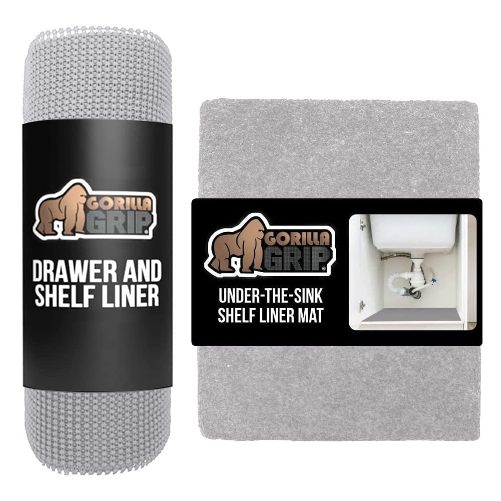 Gorilla Grip Drawer Liner and Under Sink Mat, Drawer Liner Size 12 in x 20 FT in Light Gray, Non Adhesive, Under Sink Mat Size 24x30 in Light Gray, 2 Item Bundle 1