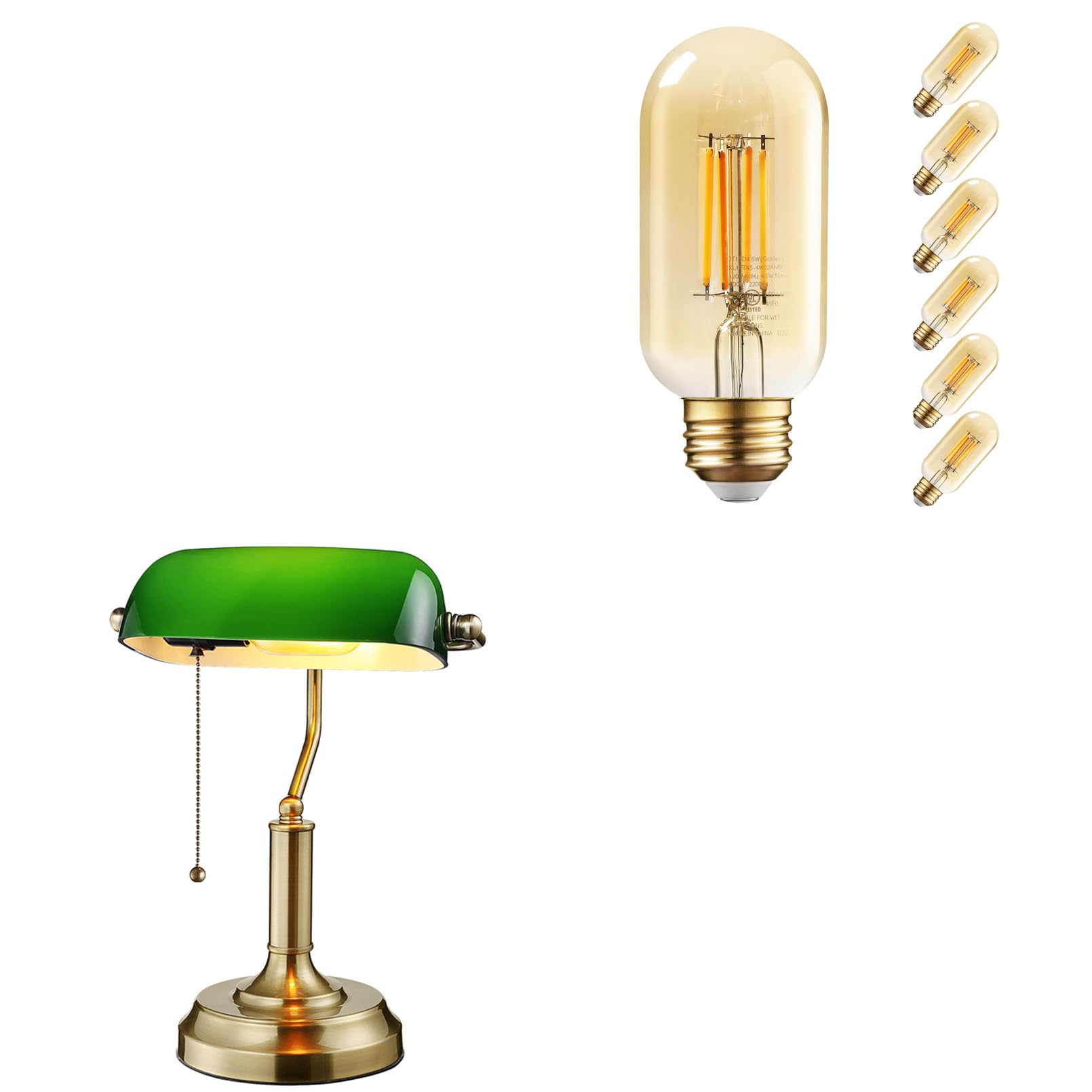 TORCHSTAR Green Glass Bankers Desk Lamp, UL Listed, E26 Base, Vintage Desk Lamp Bundle LED Tubular Light Bulb Dimmable, UL Listed, T45 Edison Bulb 4.5W, 2200K Soft White, E26 Base, Pack of 6 1