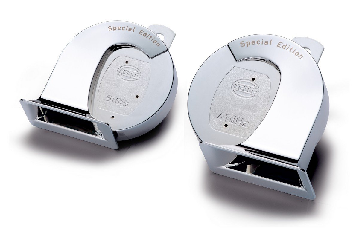 Hella 007728883 Chrome Trumpet Horn Set ( 12V,400/500 Hz,105 -118 dB @ 2m) for Passenger Car 1