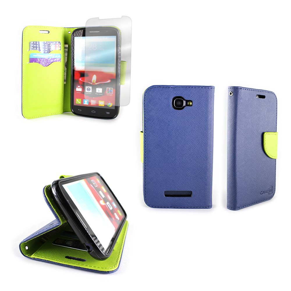 Alcatel One Touch Fierce 2 Flip Wallet Pouch Phone Case by CoverON® (Carryall Series) with Screen Protector for Alcatel One Touch Fierce 2 (7040T) / Pop Icon (A564C) - Navy + Neon Green 1