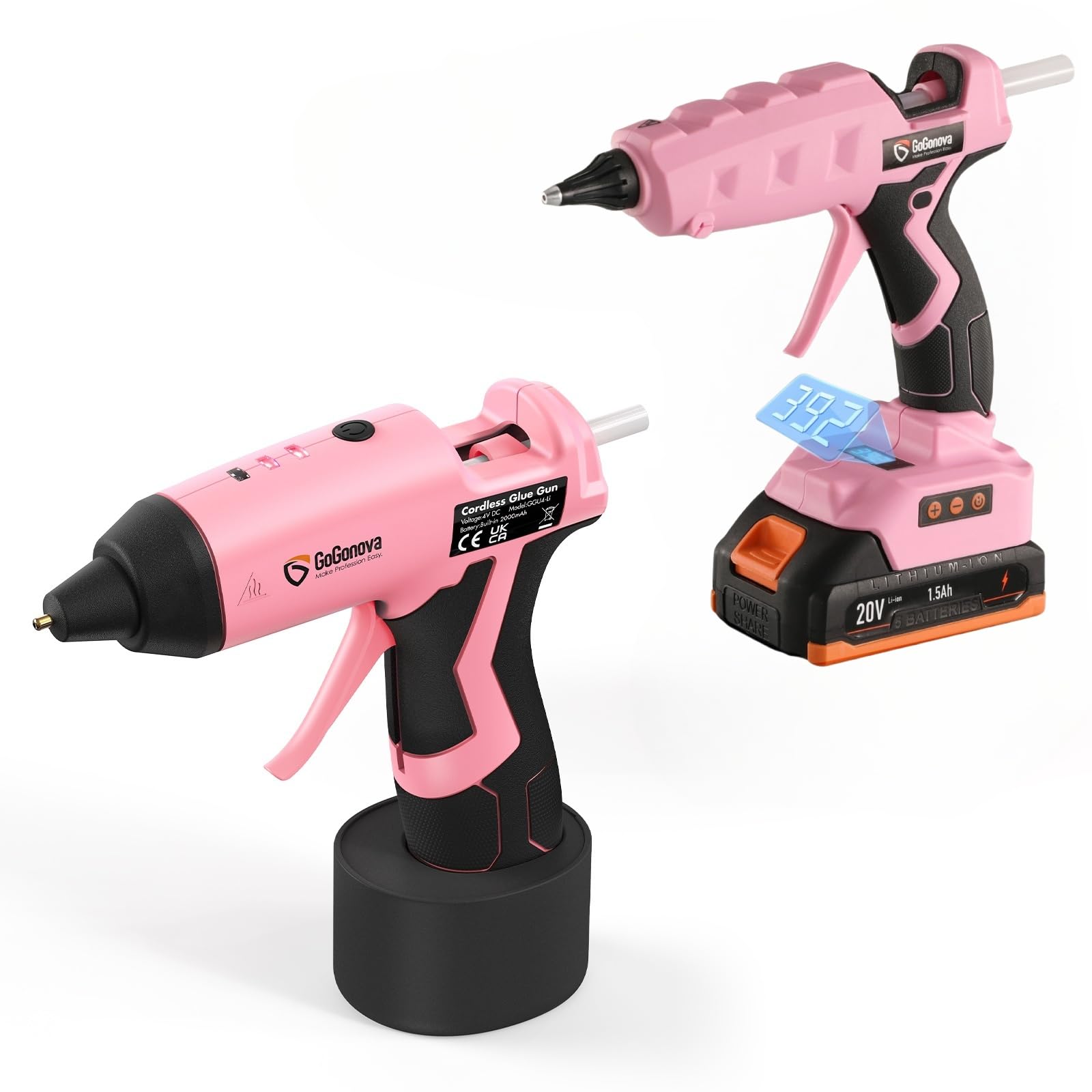 Value 2Pcs Cordless Hot Glue Guns and 37 Pcs Glue Sticks Set, GoGonova 15s Fast Heating 2Ah Glue Gun and Professional Dual Temp 20V Temp Adjust LCD Digital Display Heavy Duty Glue Gun with Charger, Pi 1