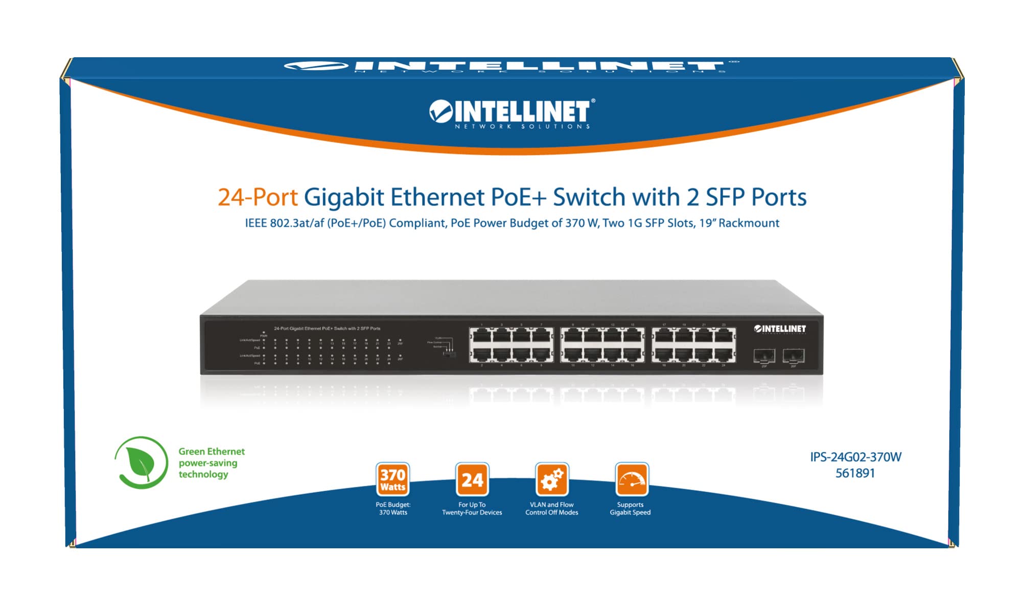 Intellinet 24-Port Unmanaged PoE+ Gigabit Ethernet Switch - 370W Power Budget, 4 x 10 Gbps SFP+ Ports, Rackmount / Desktop, Autosensing Ports, Sturdy Metal - 3 Yr Mf Warranty - 561761 4