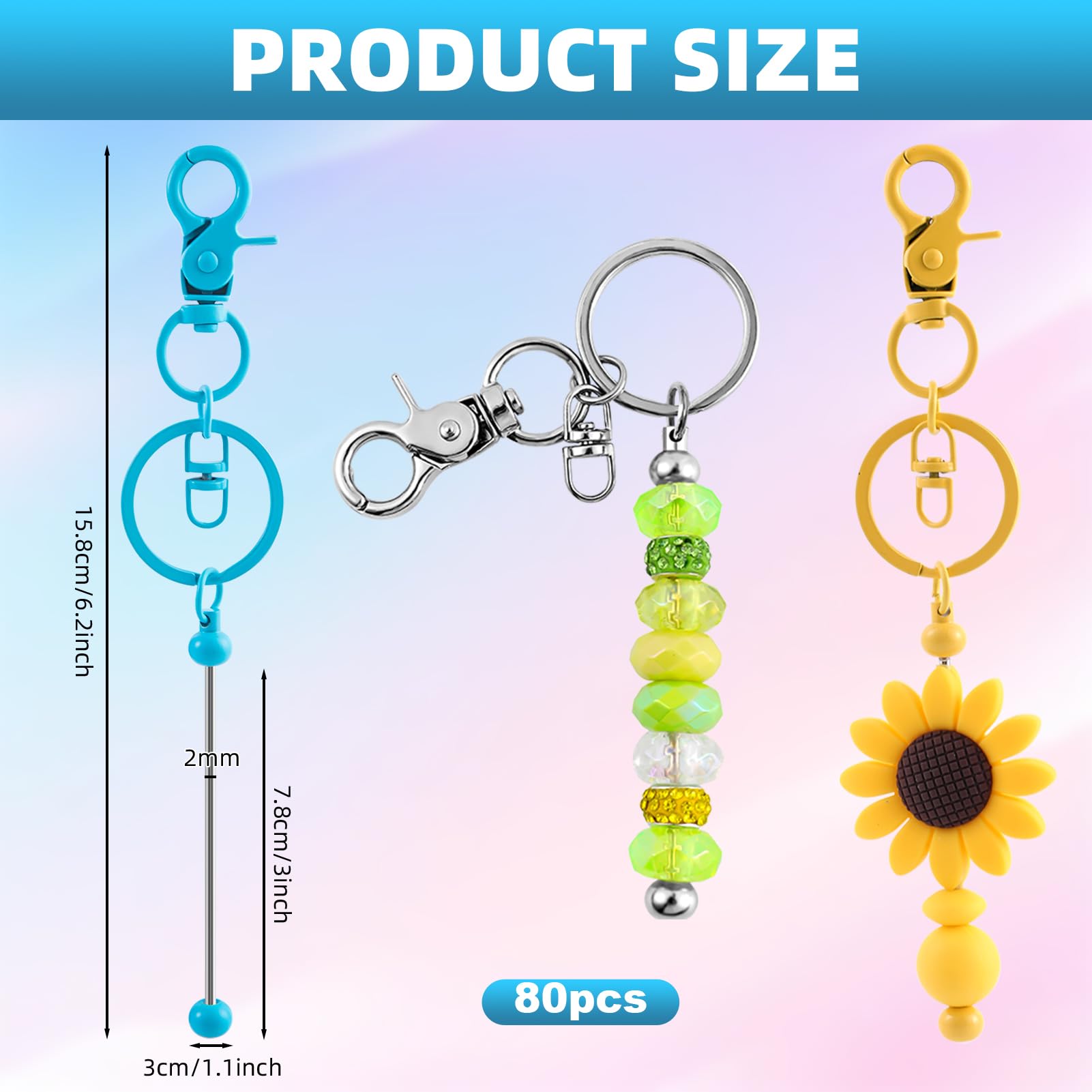 DNLEGULI 80 Pcs Beadable Keychains Bulk Kit – DIY Keychain Making Supplies with Metal Blanks for Crafts, Jewelry, Charms, Custom Projects – Blank Chain Bars for Beaded Keychain Design (Multicolor) 3