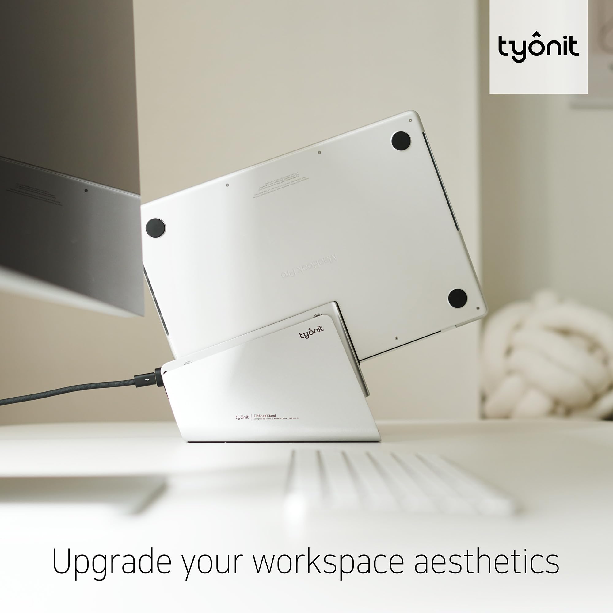 tyonit TiltSnap Vertical Laptop Stand for MacBook, Auto Thunderbolt4 USB-C Connection, Seamless Connection to The Docking Station or Display, 40Gbps, 100W PD (Silver, MacBook Pro 16" (M1/M2/M3)) 4