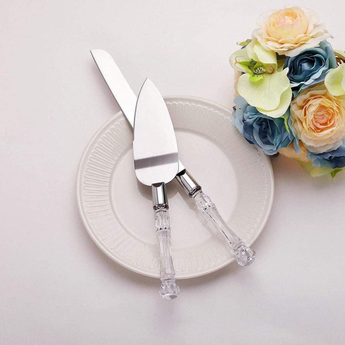 CZ Stainless Steel Cake Knife and Cake Server Set with Acrylic Handle Slicer Cutter Pizza Shovel Knife Pie Server Hand Tool with Cutting Knife Decorating Tools Set of 2 6