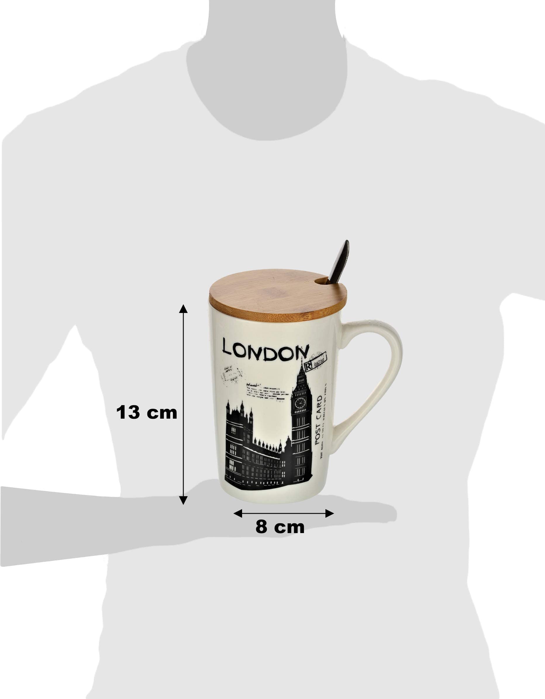 SATYAM KRAFT 1 Pcs Ceramic London Printed Coffee Mug with Wooden Lid & Steel Spoon for Coffe, Milk, Best Valentine Gift for Staff, Girls, Boys, Men, Women, Friends,Anniversary,(400 ml) 3