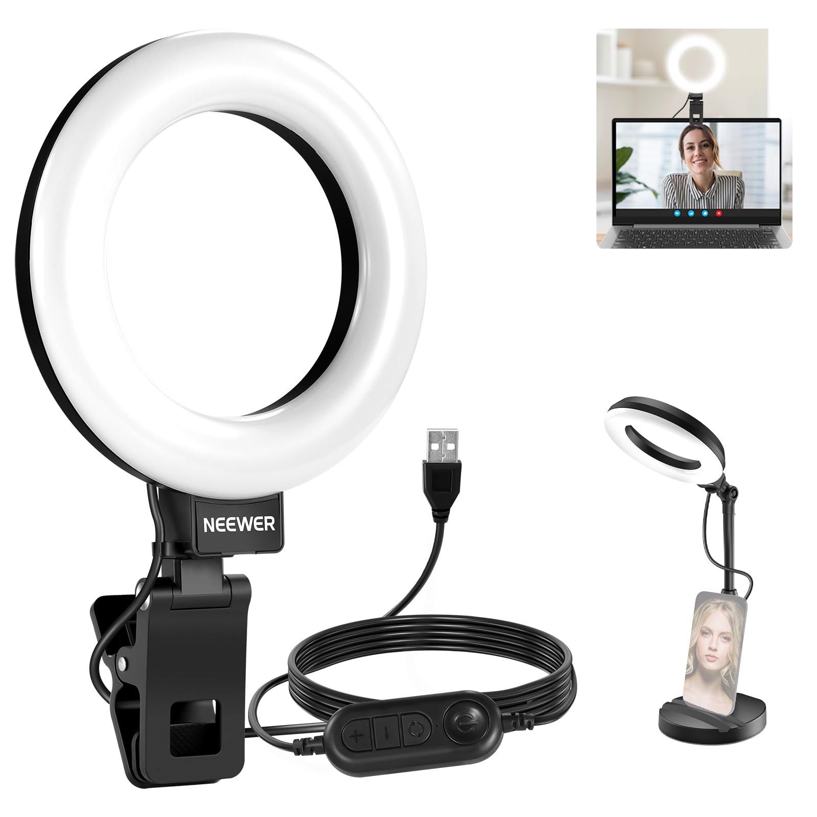 NEEWER Basics 5" LED Desktop Ring Light with Stand, Monitor Clamp, 10W, Compatible with iPhone Desk Computer Laptop Webcam Phone for Selfie Makeup Recording Zoom Video Conference Lighting, Black BR60 1