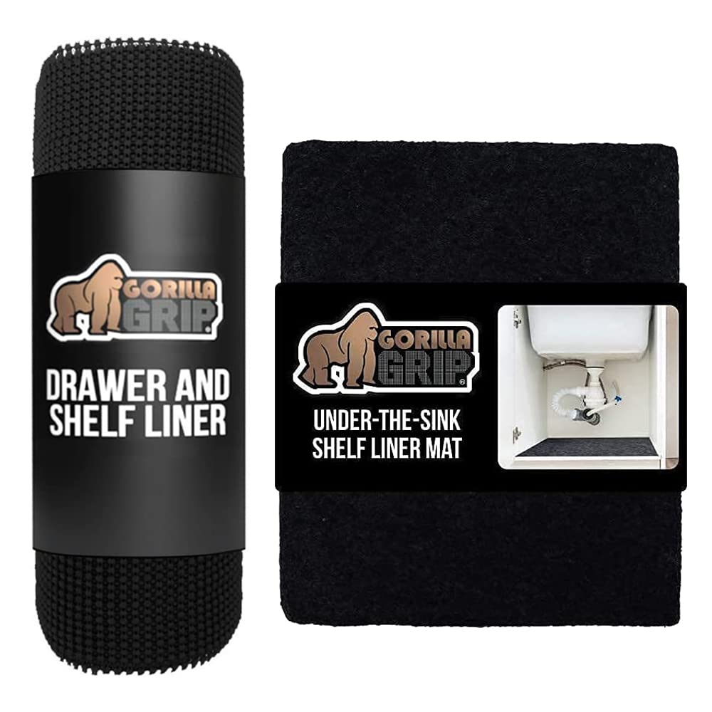 Gorilla Grip Drawer Liner and Under Sink Mat, Drawer Liner Size 12 in x 10 FT in Black, Non Adhesive, Under Sink Mat Size 24x30 in Black, 2 Item Bundle 1