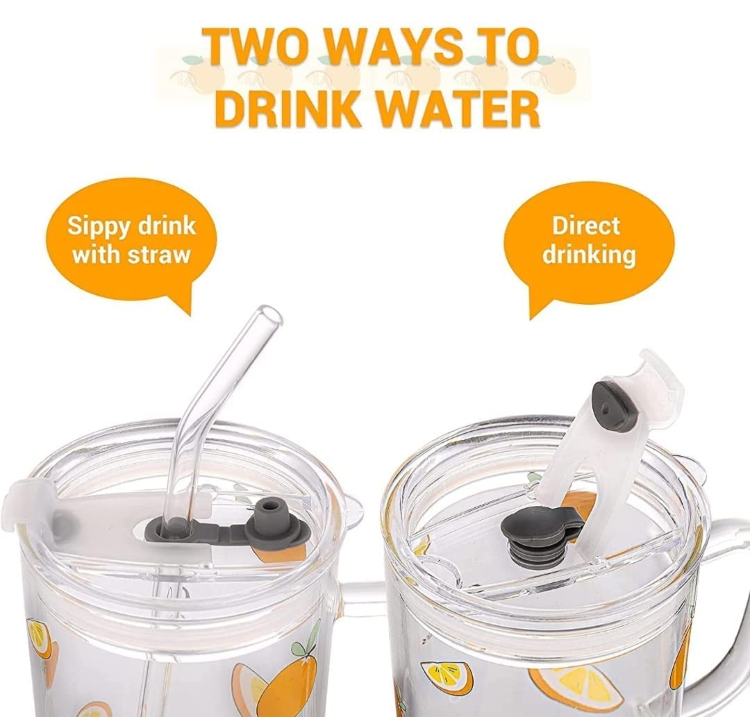 KiKiluxxa Random Design Cartoon Water Mug Drinking Milk Glass Cup For Kids Tumbler Sipper With Lid & Straw Pack Of 1, 350Ml Fruit Juice Milk Glass Sipper Tumbler Straw Lid, Multicolor 4