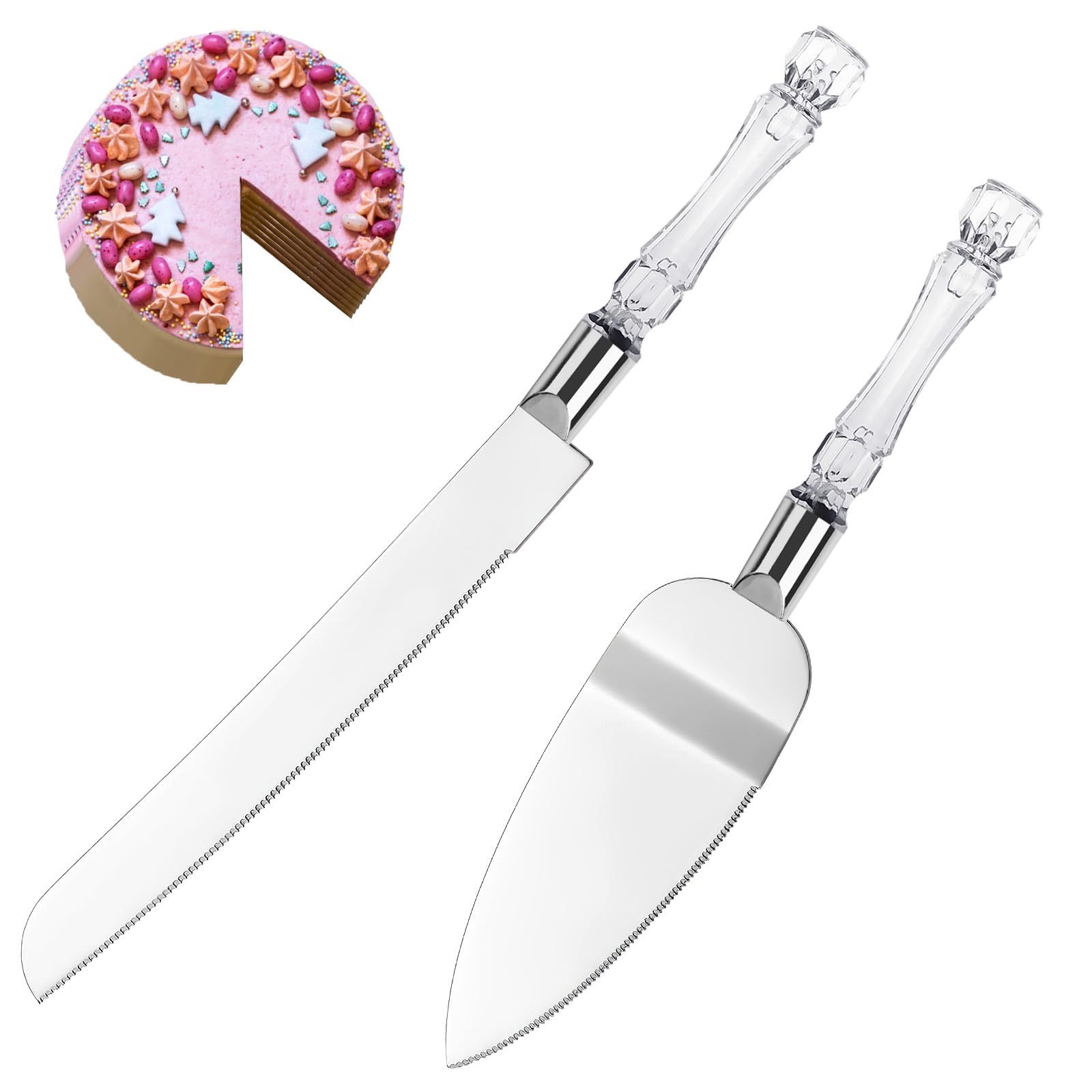 Cake Knife and Server Set - 2 Pcs Cake Cutting Set for Wedding with Stainless Steel Blades, Wedding Cake Knife with Acrylic Faux Crystal Handles, Perfect for Wedding Cake and Birthdays (Silver) 1