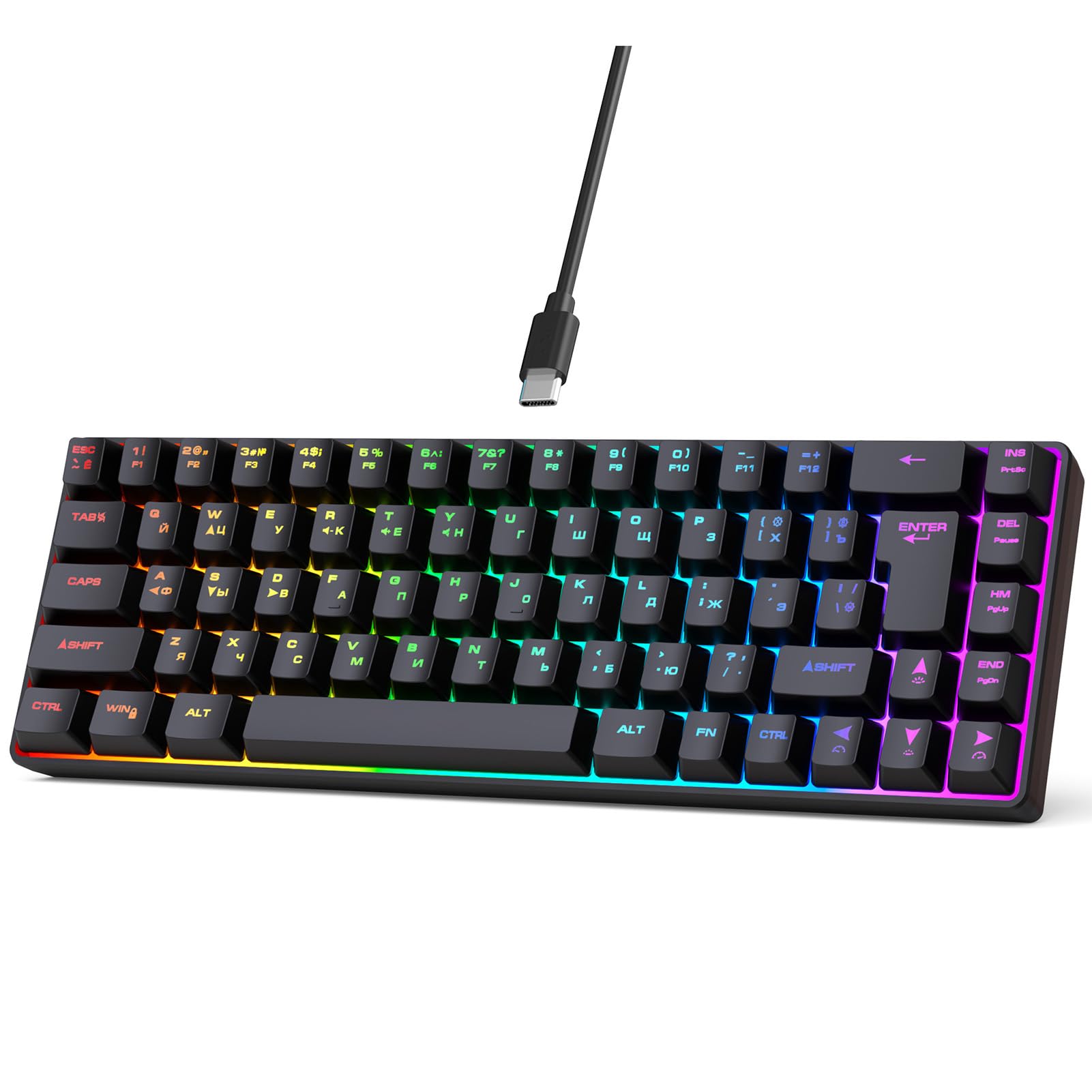 Asixxsix RGB LED Backlit Mechanical Gaming Keyboard with Russian English, 68 Key Ergonomic Wired Mechanical Keyboard for Home and Office Keyboards, Computer Keyboards (Black) 1