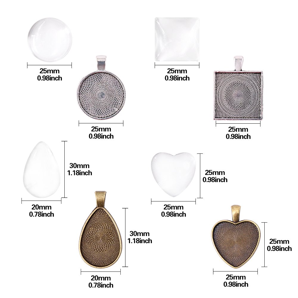 Glarks 48-Pieces 4 Styles Pendant Trays 24pcs Round & Square & Heart & Teardrop and 24pcs Bright Glass Cabochon Dome Tiles for Crafting DIY Jewelry Gift Making 3