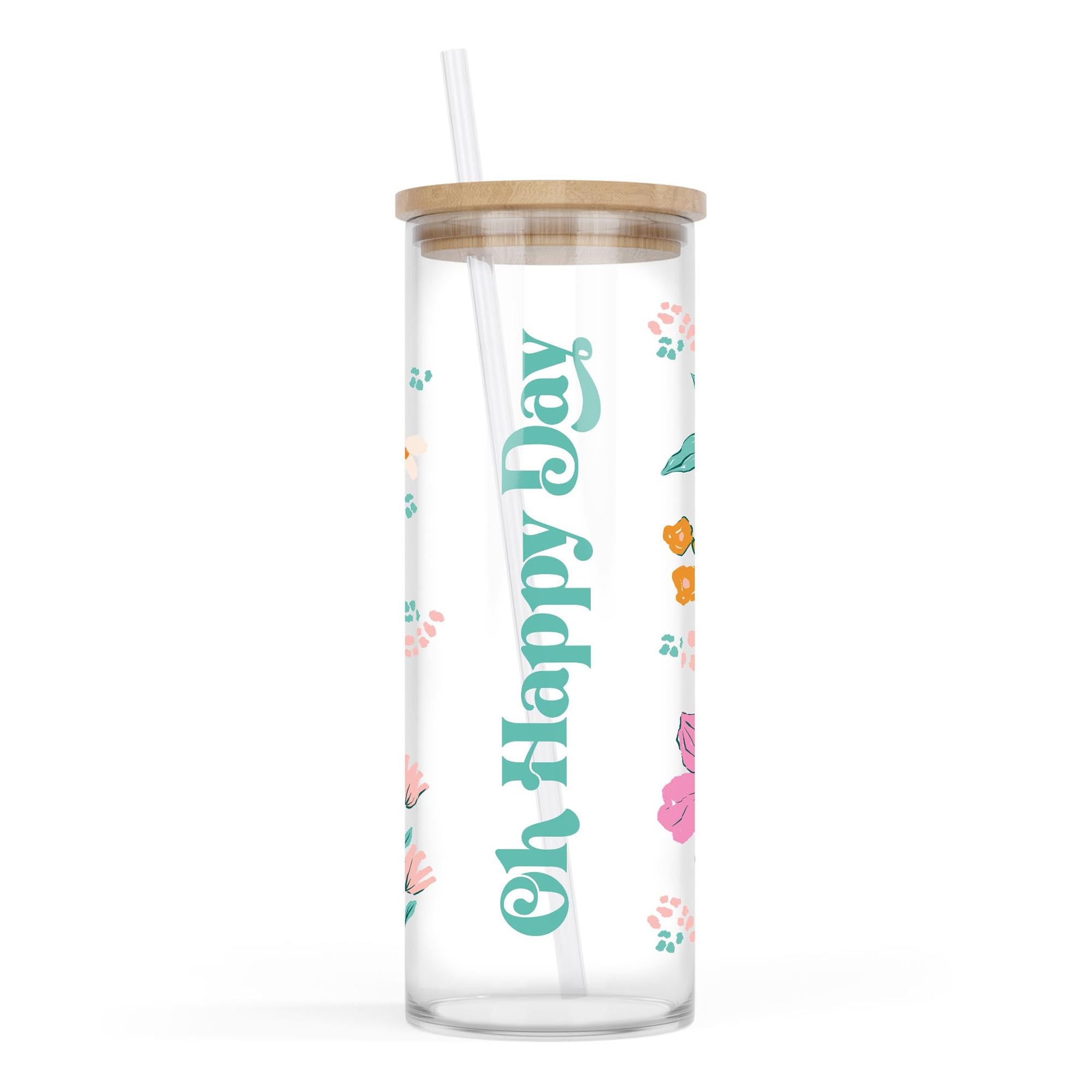 Clairmont & Co Cold Brew Travel Tumbler, Cup With Lid and Straw, 24 Ounce Wood and Glass, Oh Happy Day 1