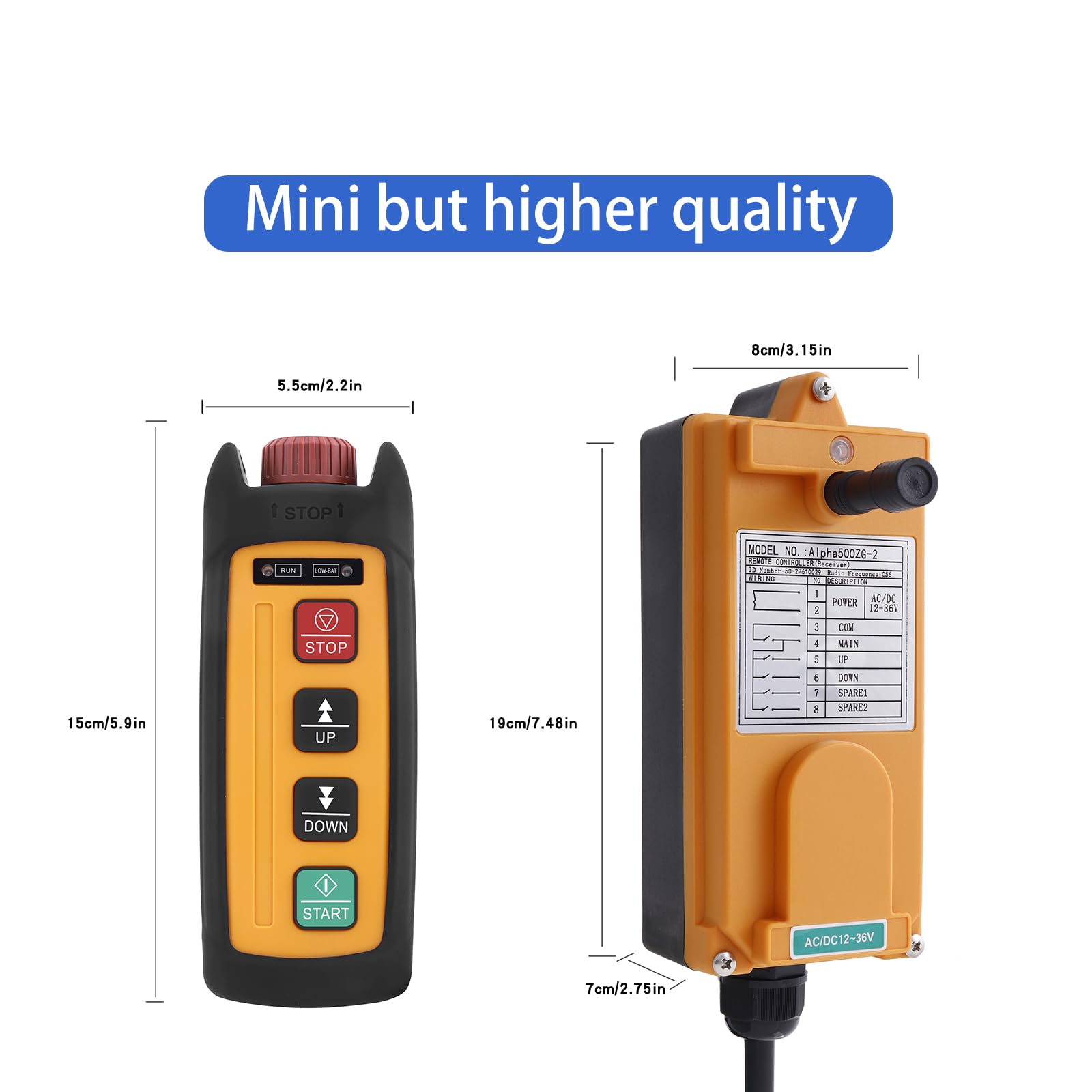 Mini Wireless Electric Chain Hoist Crane Remote Control 2-Button 12V 24V 36V Industrial Winch Lift Dump Trailer Radio Truck Crane Remote Controller 2 Transmitters and Receiver 6