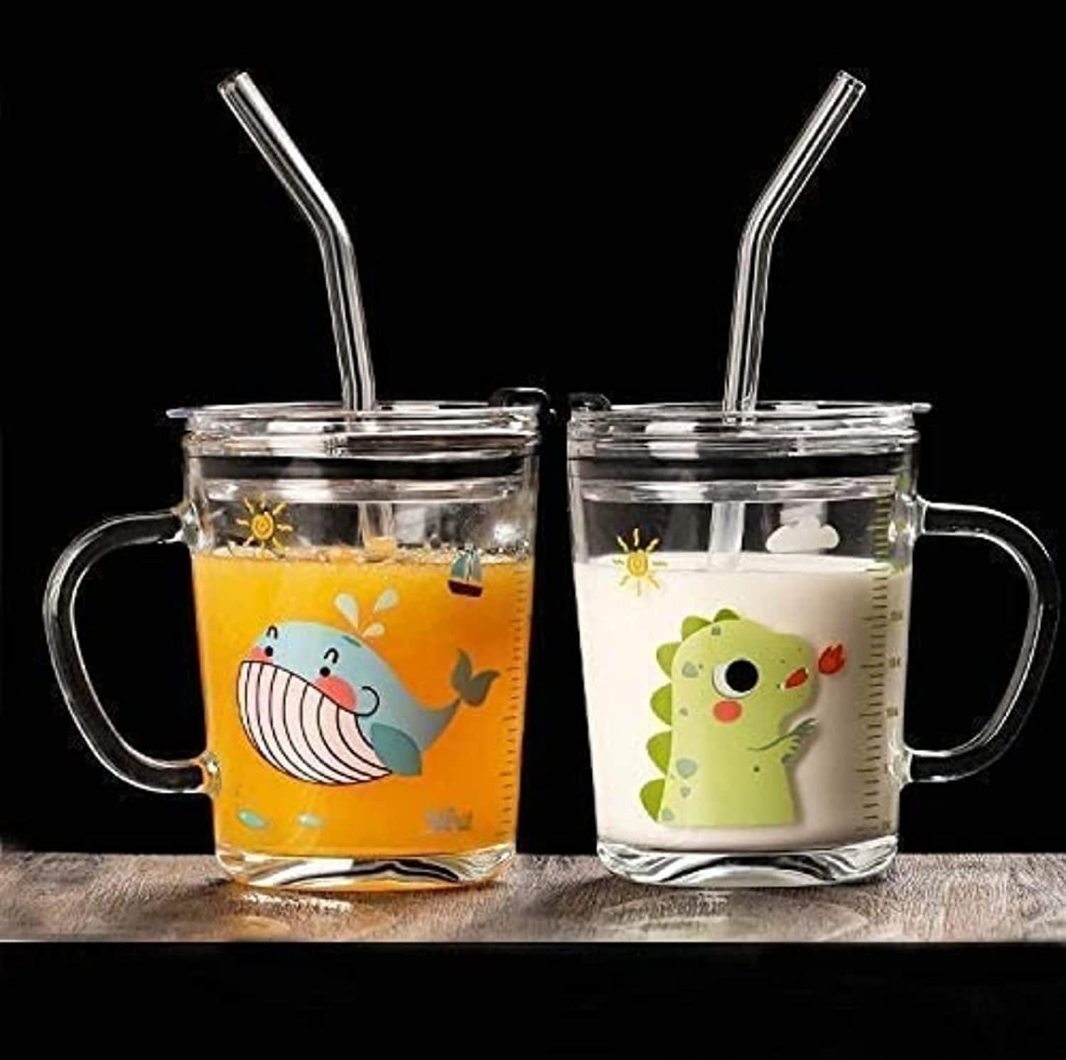 KiKiluxxa Random Design Cartoon Water Mug Drinking Milk Glass Cup For Kids Tumbler Sipper With Lid & Straw Pack Of 1, 350Ml Fruit Juice Milk Glass Sipper Tumbler Straw Lid, Multicolor 1
