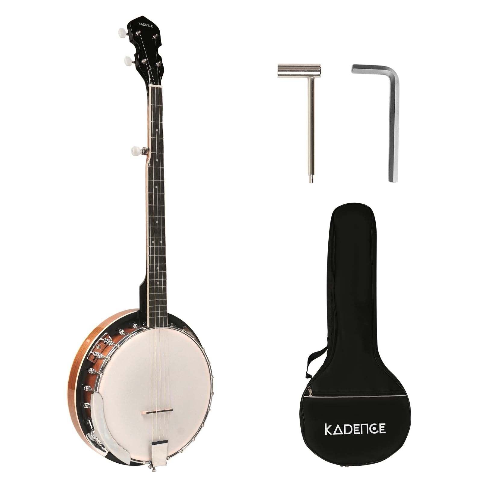 Kadence Banjo 38" - 5 String Full Size Banjos Set, Mahogany Wood Glossy Finish with Drum Head, Banjo Kit with Closed Back and Bag