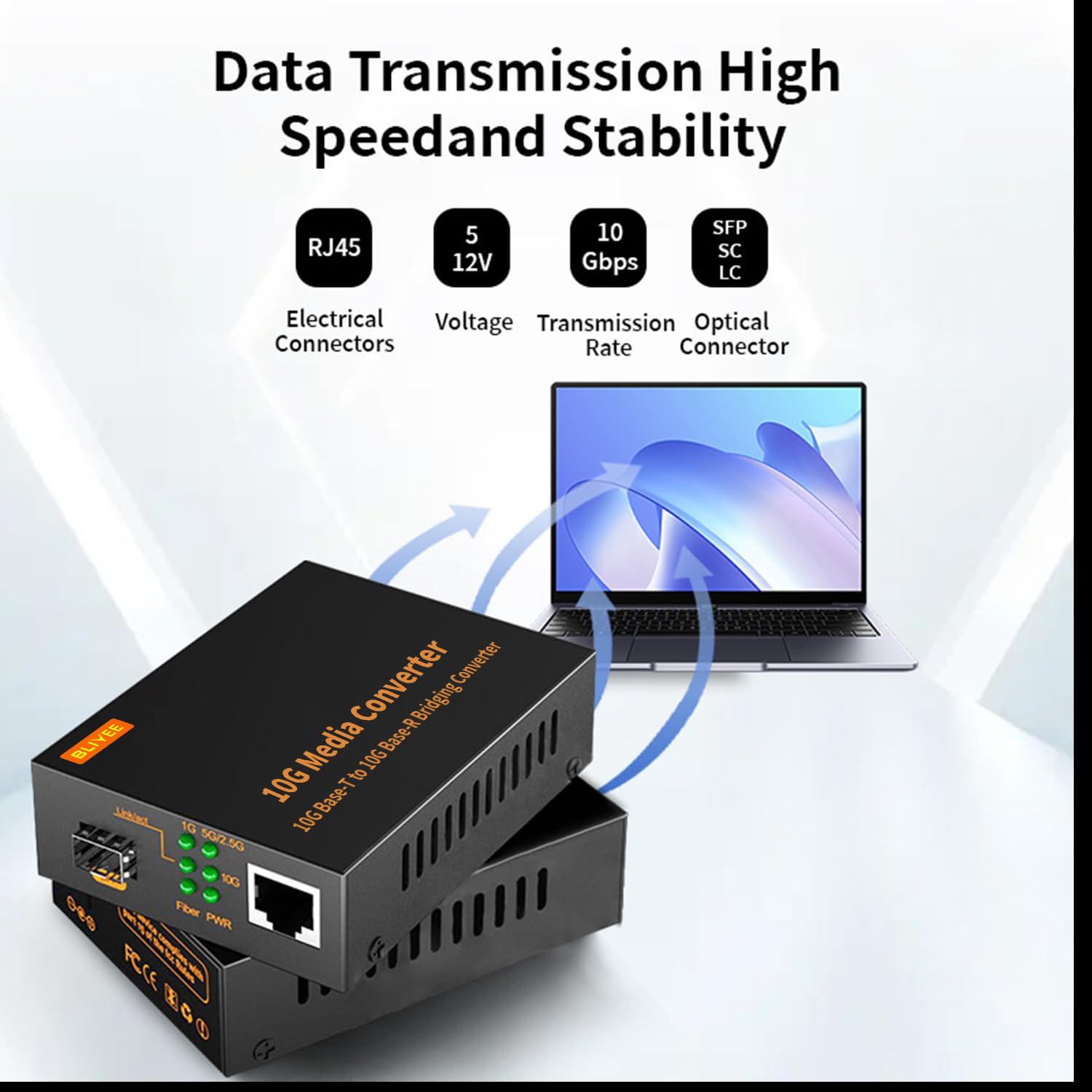 BLIYEE 10G Media Converter, Unmanaged 100M/1G/2.5G/10GBase-T Fiber Transceiver, SFP to RJ45 Converter, Support 10GBase-SR/LR Transceiver, Auto-Negotiation, Plug and Play 5