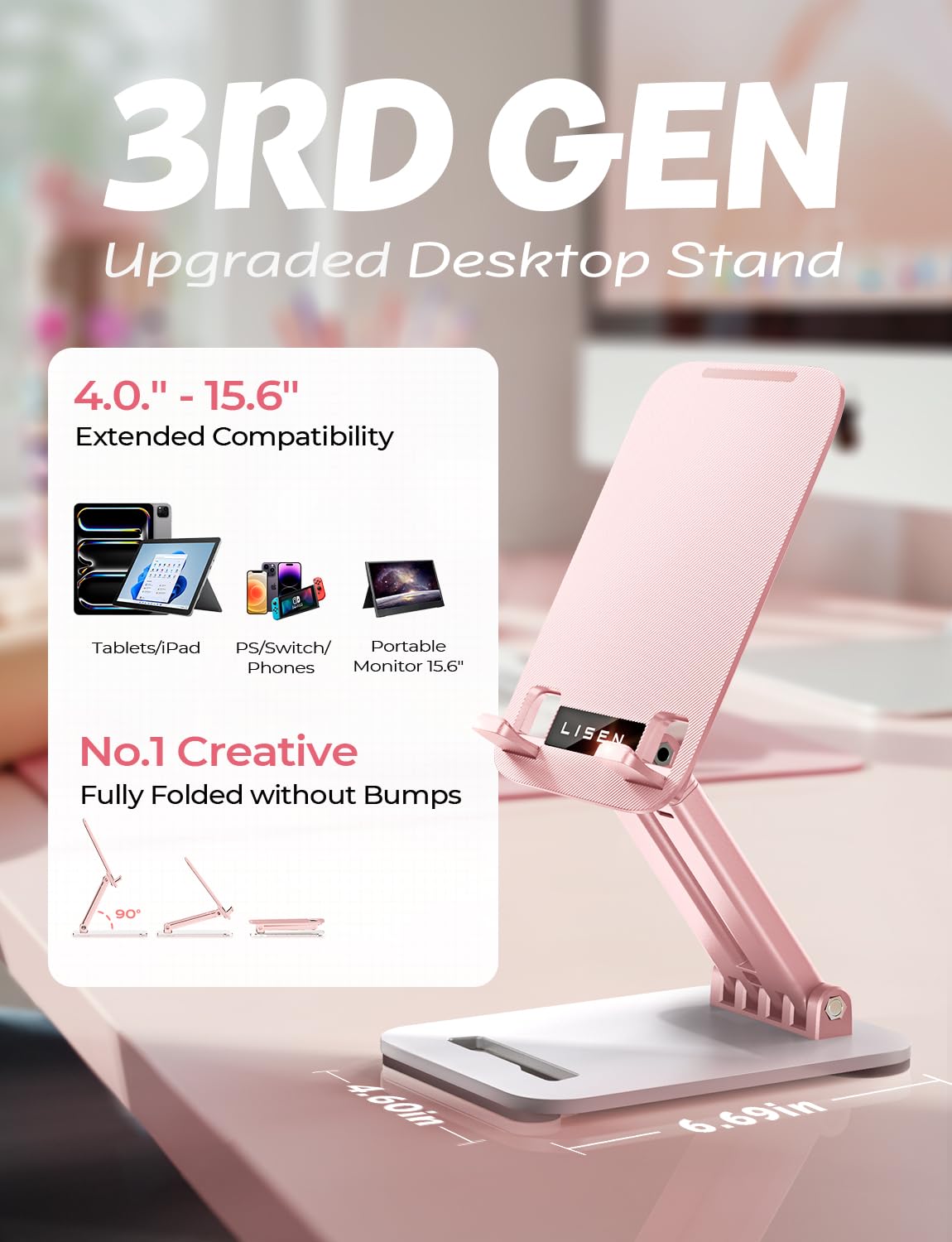 LISEN Pink Desk Accessories for iPad Office Supplies Desk Decor for Women Gifts, for Him Tablet Stand Vanity Accessories Video Face Time Free Hands for ipad Switch 3