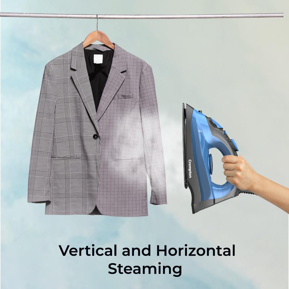 Crompton Fabrimagic Neo 1200 W Steam Iron with 180 ml water tank, Upto 15g /min Steam Output with Vertical Steaming and Non-Stick Soleplate (Blue), 6 Fabric Settings. 5