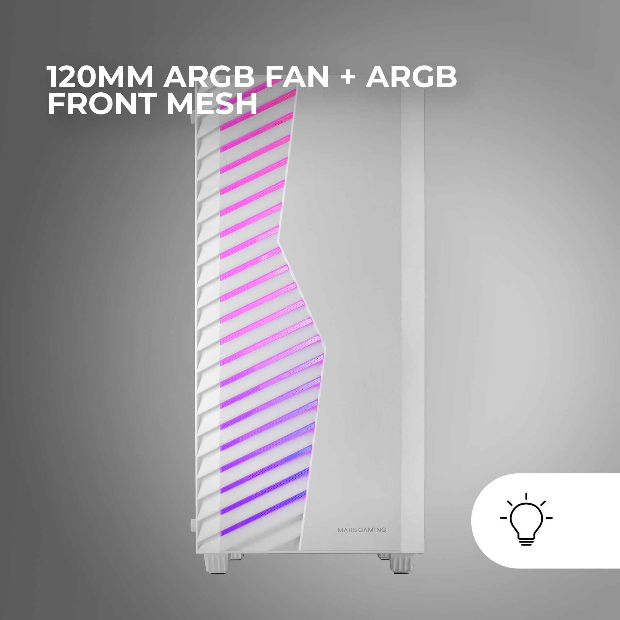 MARSGAMING MC-Volt Gaming ATX Case, 120 mm ARGB Fan, Front Grille with ARGB, Full Side Tempered Glass Side Window, Cable Management, Semi-Tower for Liquid Cooling, White 3