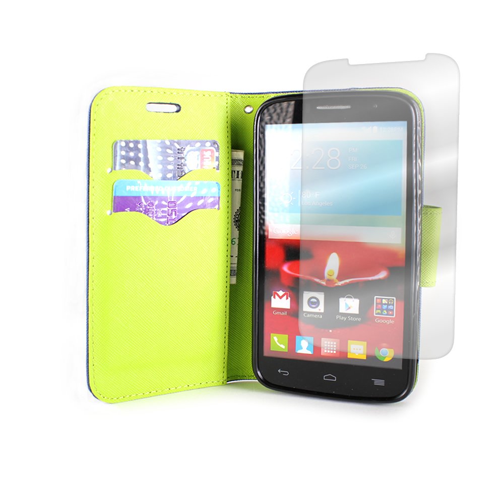 Alcatel One Touch Fierce 2 Flip Wallet Pouch Phone Case by CoverON® (Carryall Series) with Screen Protector for Alcatel One Touch Fierce 2 (7040T) / Pop Icon (A564C) - Navy + Neon Green 3