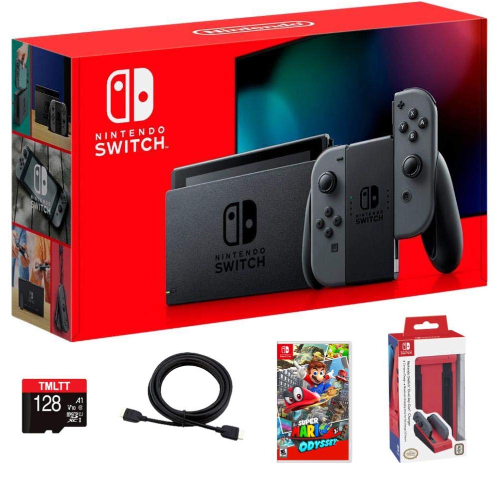 Nintendo 2020 Premium Switch 32GB Console Family Essential Bundle - Gray Joy-Con, Super Mario Odyssey, Red Dual Joy-Con Charger, TMLTT 128GB MicroSD Card, HDMI Cable 1