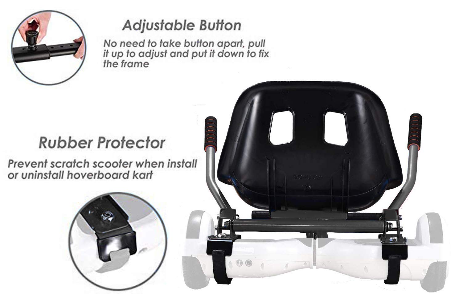 Hoverboard Go Kart Seat Attachment, Hover Go Kart Buggy, Conversion Kit Transform Hoverboard into Go Kart, Adjustable Heavy Duty Frame, Fits Kids and Adults, Compatible for 6.5", 8", 10" (Black) 6