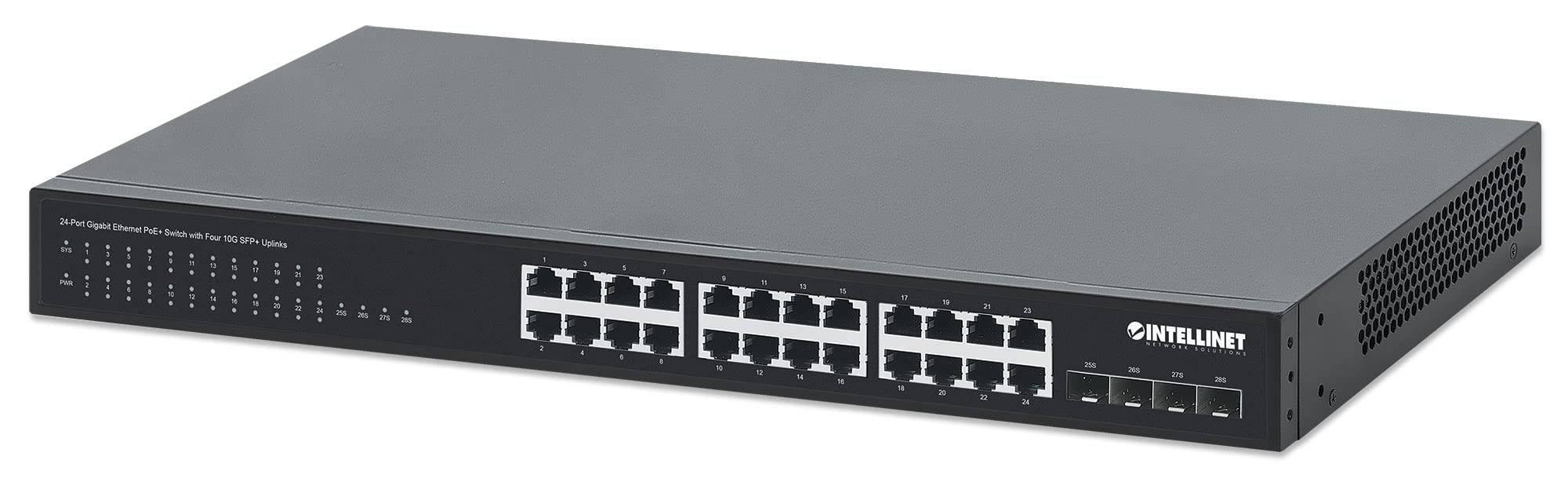 Intellinet 24-Port Unmanaged PoE+ Gigabit Ethernet Switch - 370W Power Budget, 4 x 10 Gbps SFP+ Ports, Rackmount / Desktop, Autosensing Ports, Sturdy Metal - 3 Yr Mf Warranty - 561761 1