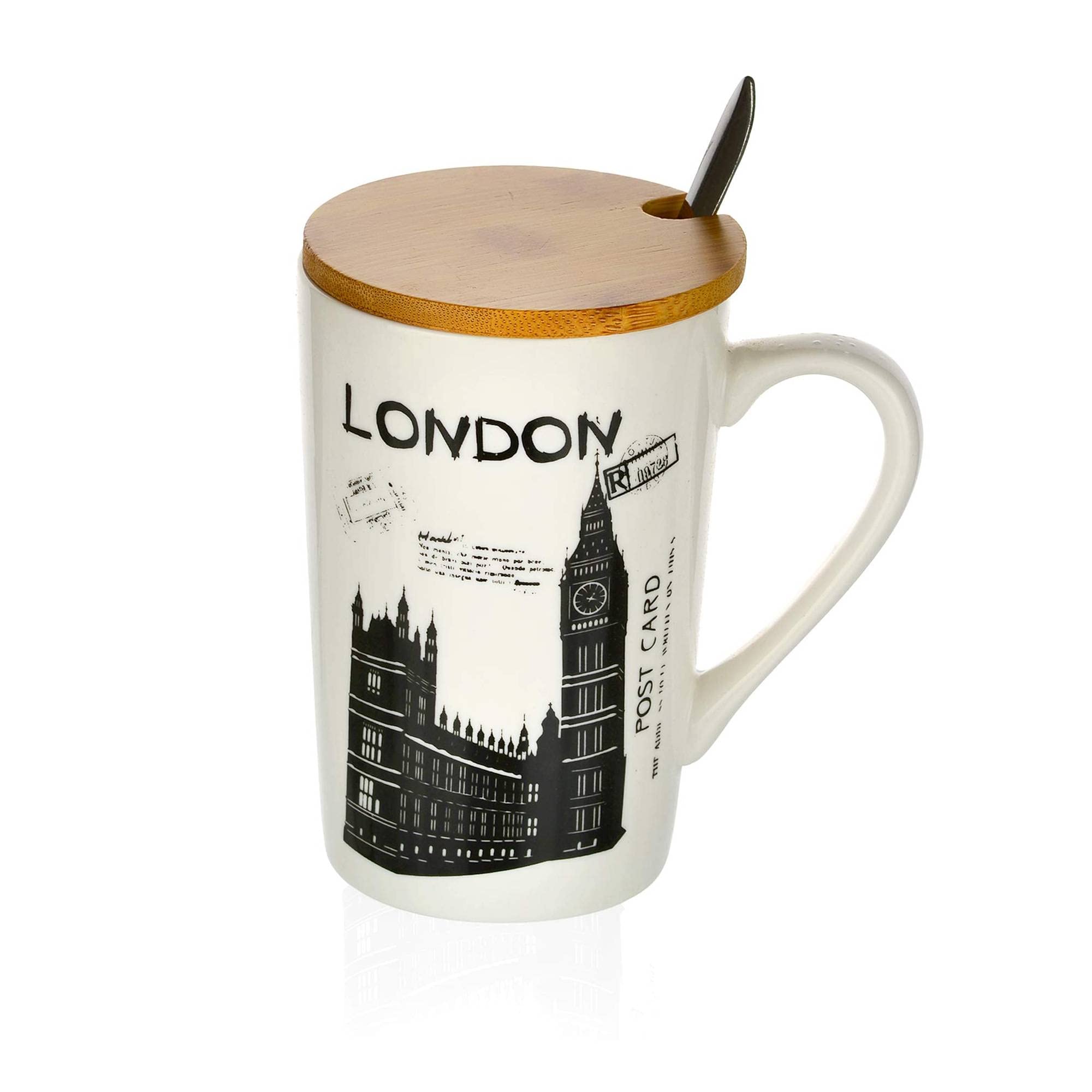 SATYAM KRAFT 1 Pcs Ceramic London Printed Coffee Mug with Wooden Lid & Steel Spoon for Coffe, Milk, Best Valentine Gift for Staff, Girls, Boys, Men, Women, Friends,Anniversary,(400 ml) 1