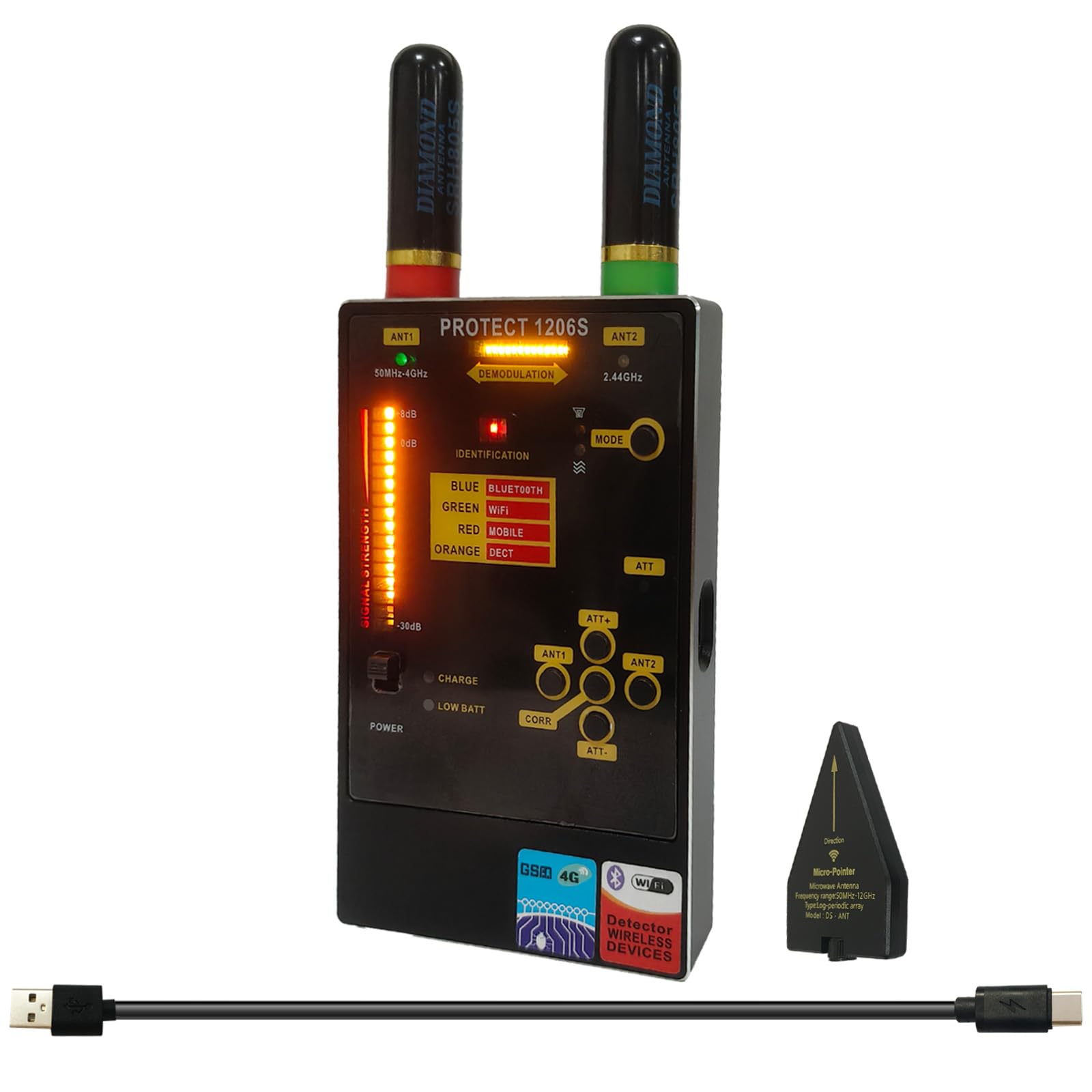 yyiikee Protect 1206S Professional RF Detector & Bug Sweeper – Detects GSM Bluetooth Wi-Fi & Hidden Cameras – Dual Antennas 50MHz-12GHz Frequency Range Anti Spy Device for Home Office Car 1