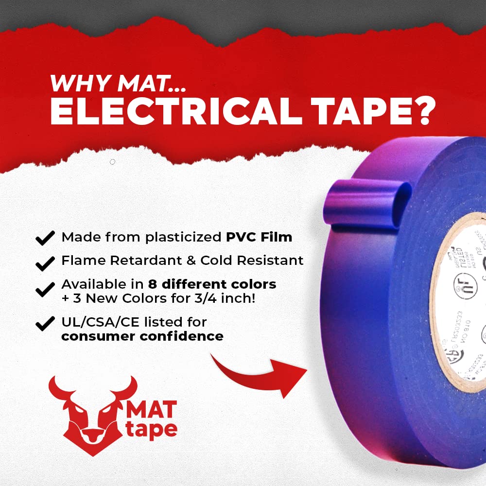 MAT Professional Grade Wide Electrical Tape Rainbow - 1 inch x 66 ft. UL/CSA listed core (Pack of 8) - Waterproof, Flame Retardant, & Strong Rubber Based Adhesive for Use At No More Than 600V & 176F 3