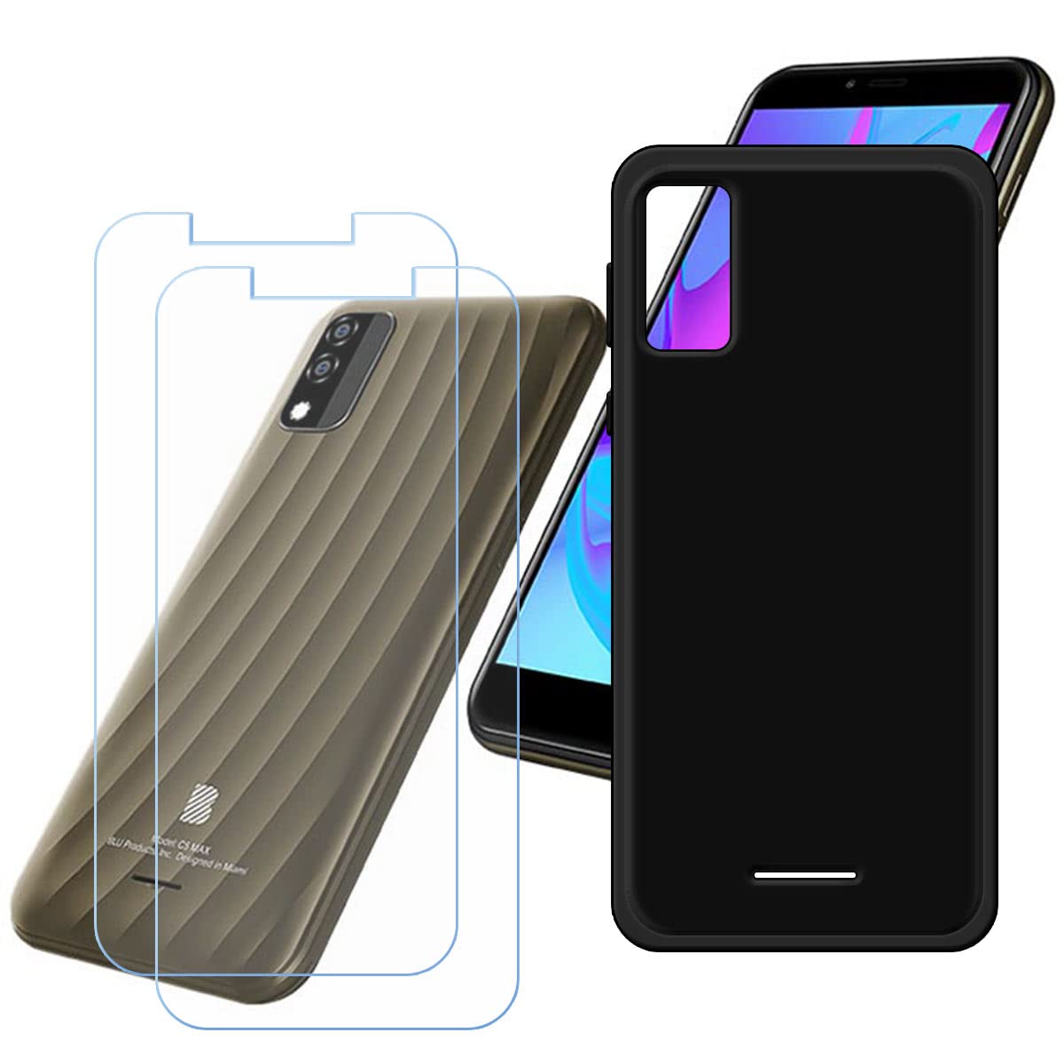 LCEHTOGYE Case for Blu C5L Max + 2 Pcs Tempered Glass Screen Protector, Slim Black Shock-Absorption Soft TPU Bumper Protective Phone Case Cover for Blu C5L Max (5,7")
