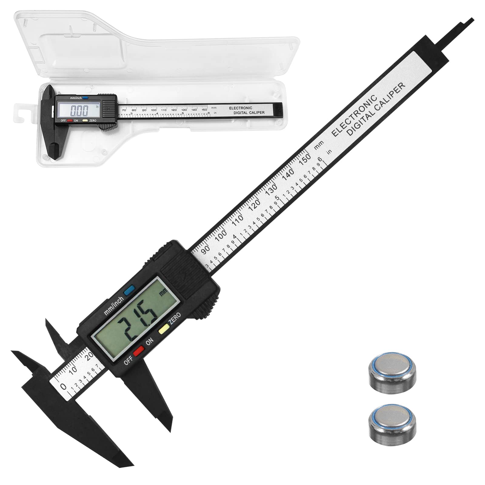 Gvolatee digital caliper of 150mm (6") carbon fiber, with clear LCD and backup battery, professional caliper for outdoor use, depth and step measurement 1