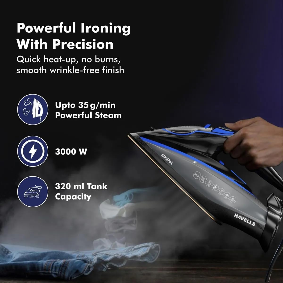 Havells Athena 3000 W Steam Iron with Smart i Sense Technology(No Fabric Burn), 2X Auto Shut Off, Vertical, Horizontal Ironing, Anti Drip, Self-Cleaning&Anti Scale Technology. (Black Blue), 3000 Watts 5