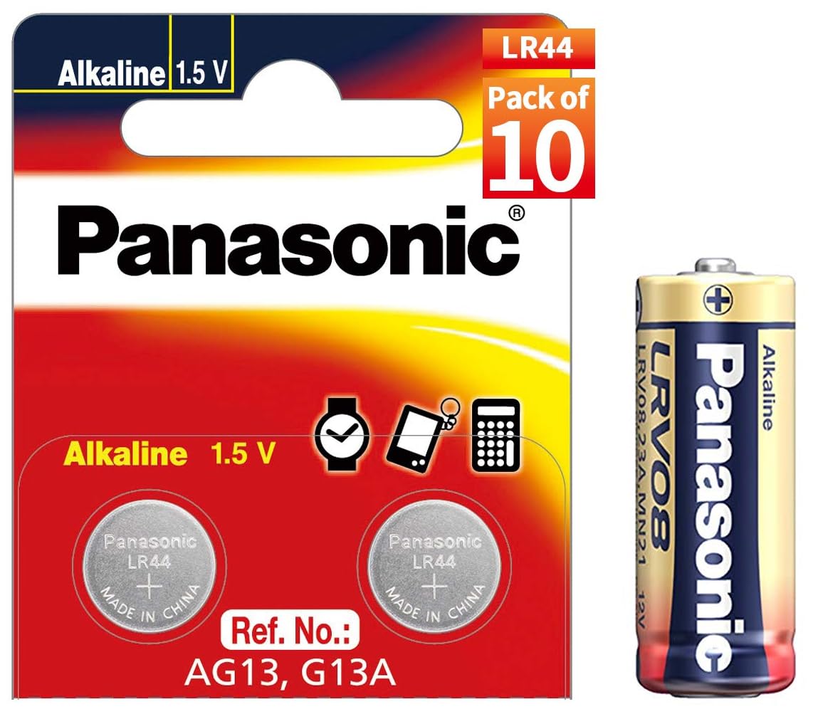 Panasonic Alkaline A23 12V Battery, Pack of 5 & LR44 Alkaline Coin Battery 1.5 v- Pack of 10 Provide Long Lasting Power in a Variety of Devices,from keyless-Entry fobs to Toys 1