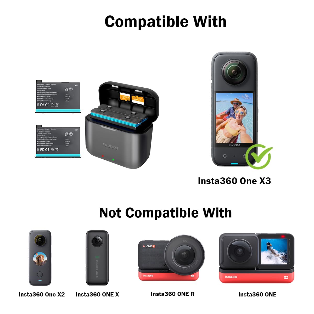 NBZZ 2 Packs 360 X3 Batteries with Charger Hub for Insta 360 ONE X3 Battery 1800mAh Insta 360 x3 Accessories with Misro Card Slots (Battery Charger Hub with 2 Batteries) 2