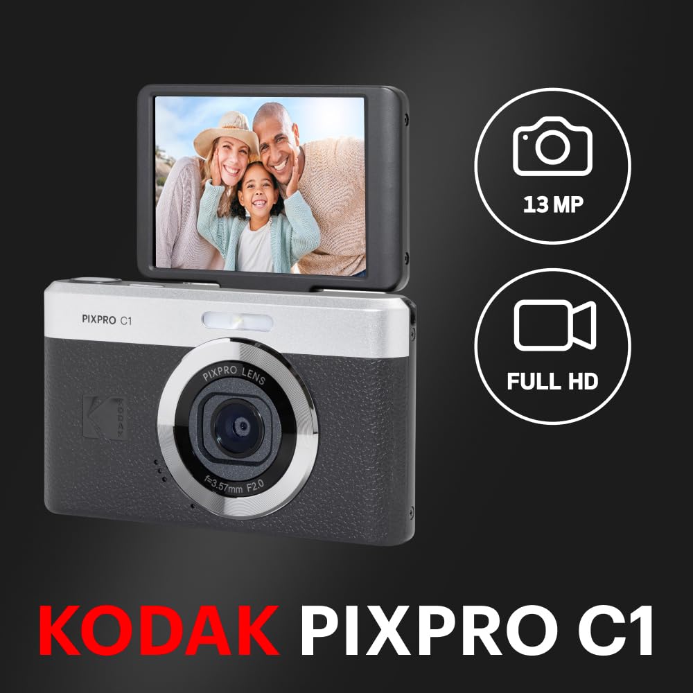 KODAK PIXPRO C1 Friendly Zoom Digital Camera - 13MP Compact Point and Shoot with 2.8” 180° Tilt LCD Flip Screen, Retro Vintage Design with 4X Zoom and 1080P Full HD Video for Travel, Vlogging, Black 3
