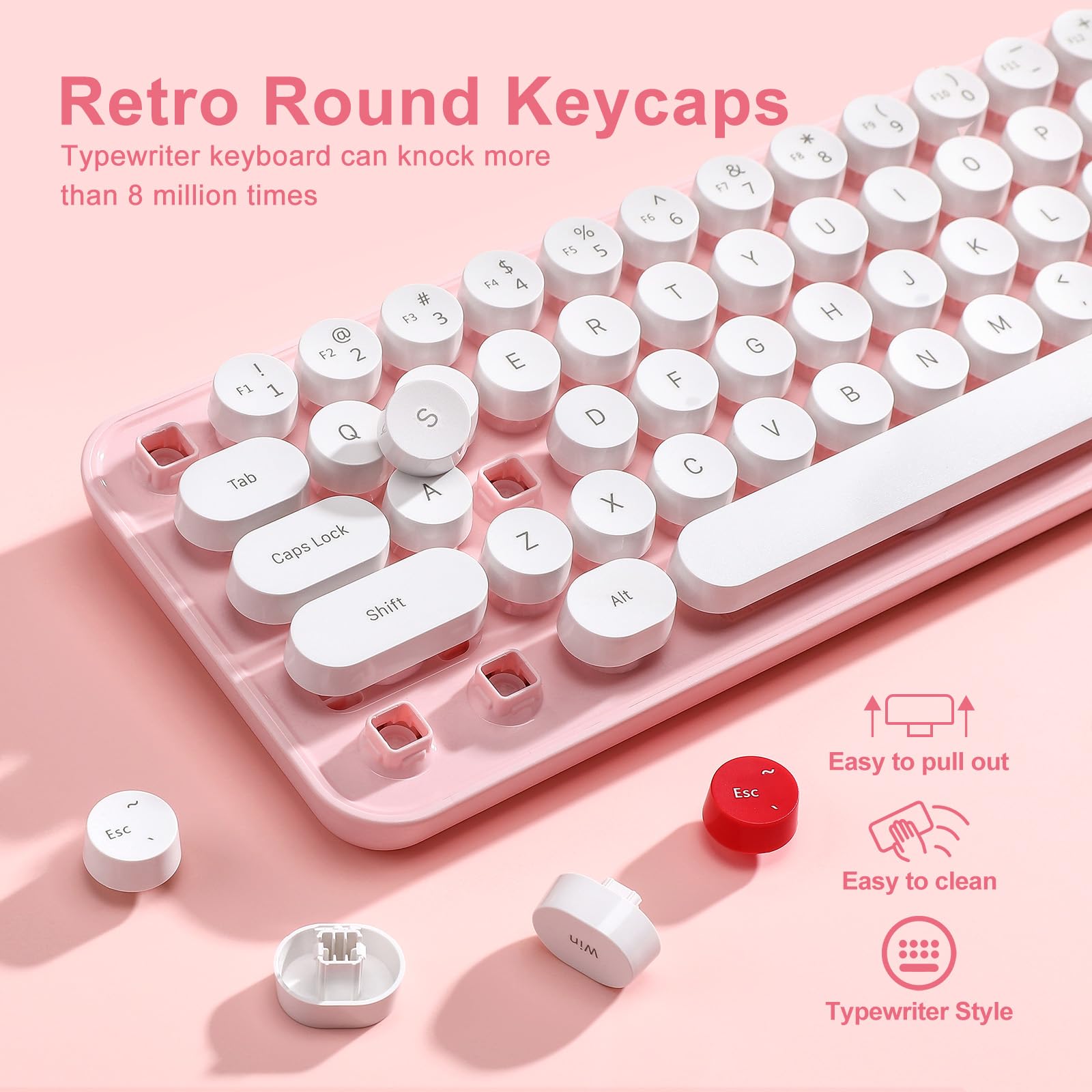 MIKIBY i68 Wireless Typewriter Keyboard and Mouse Combo,Pink Keyboard with 2.4GHz Connection, Cute Retro Aesthetic Design Round Keycaps for Tablet, Phone, PC and Win/Mac/Android(Pink) 5