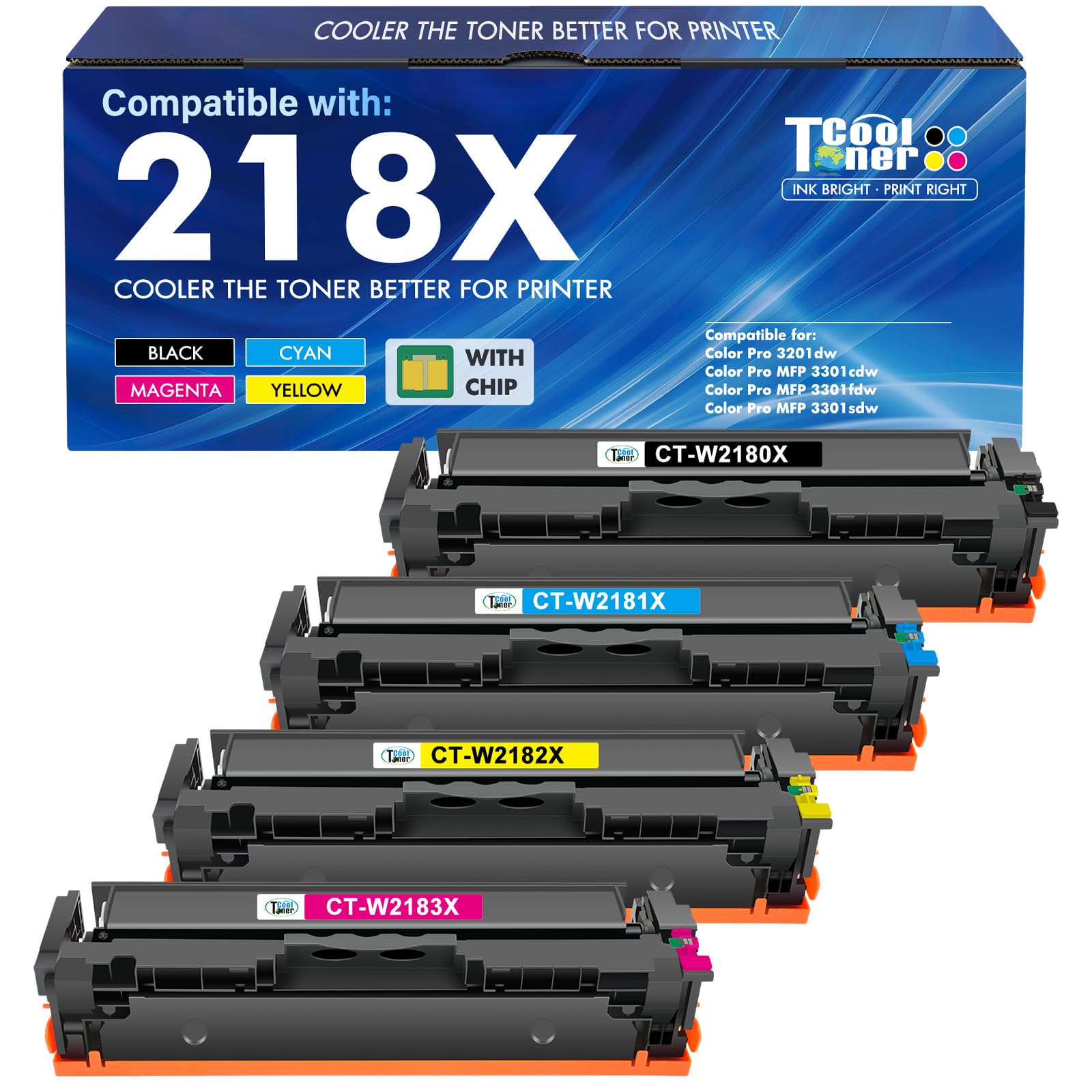 218X Toner Cartridges 4 Pack 3301fdw 3201dw 3301 218A Compatible for HP 218X 218A 218 Color LaserJet Pro MFP 3301cdw 3301sdw Printer Ink Set W2180X High Yield with Chip (Black Cyan Yellow Magenta) 1