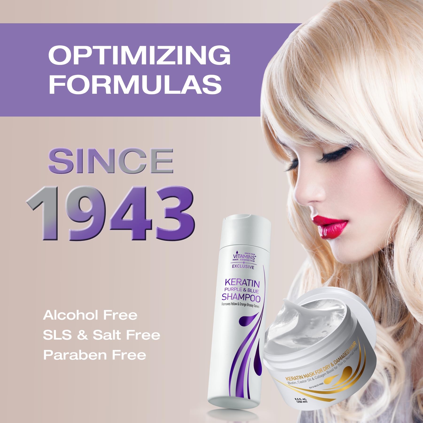 Vitamins Keratin Purple Shampoo and Thin Hair Mask Kit - Violet Blue Anti Brassiness for Bleached Blonde Platinum White Gray Dry Damaged Hair and Intensive Deep Conditioner 5