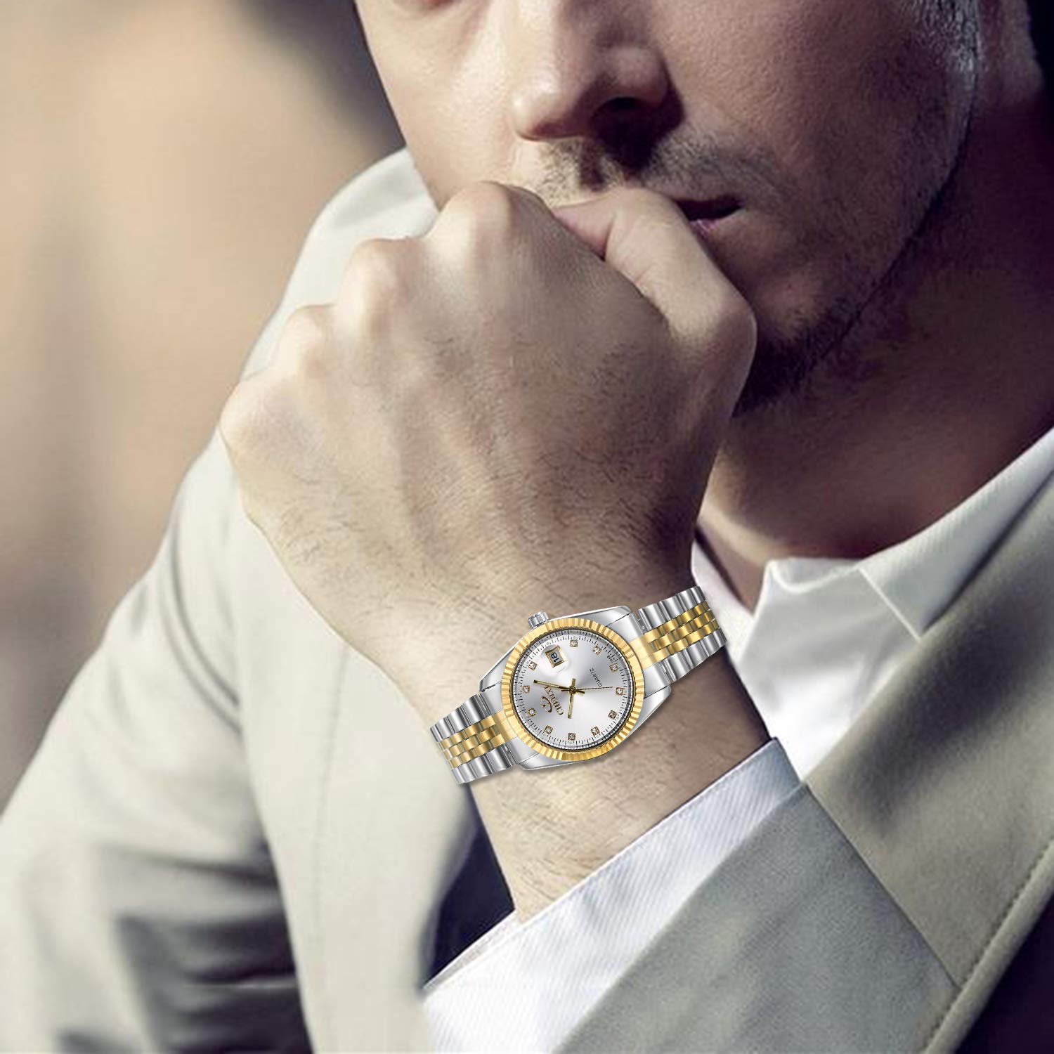 JewelryWe Luxury Couple Watches Gold-Silver Tone Stainless Steel Quartz Calendar Wristwatch Rhinestone His and Her Watch Set 3