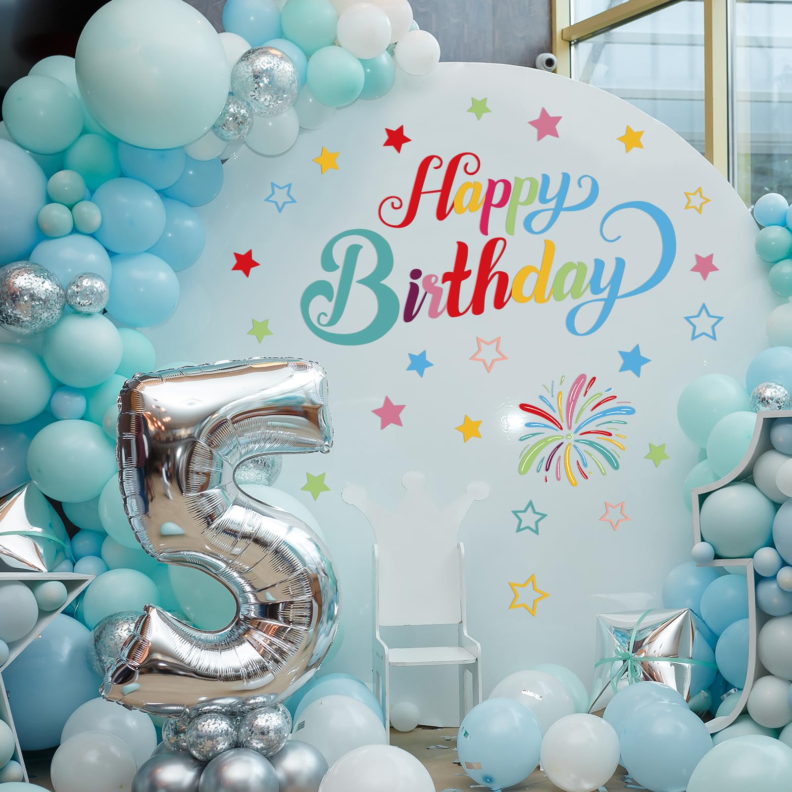 Memorywuu Happy Birthday Sign for Arch Backdrop with Fireworks and Star Happy Birthday Party Vinyl Decal Large Happy Birthday Backdrop Sticker for Balloon Arch Wall Decor (Rainbow Color) 6