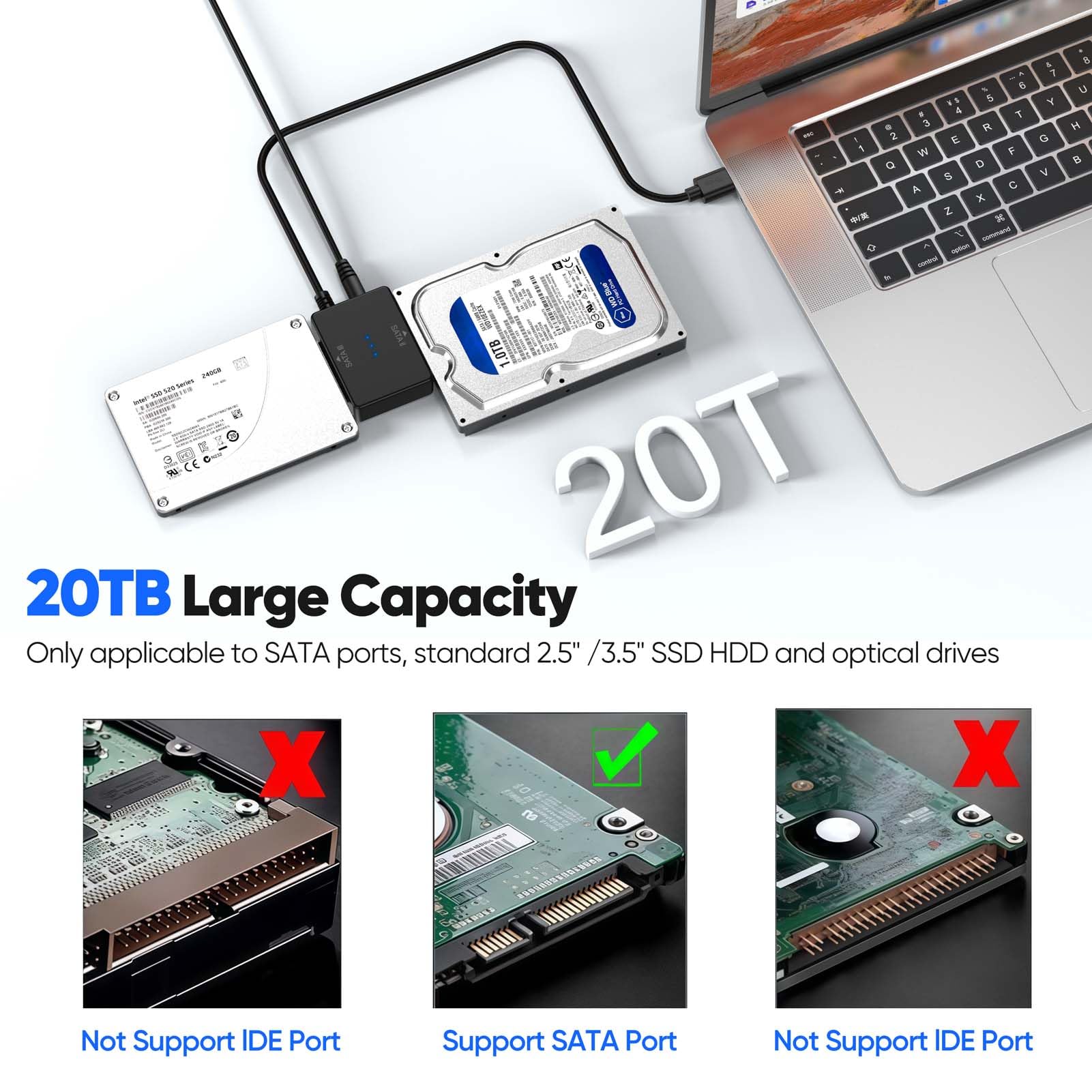 SATA to USB Adapter with Power Supply, Hard Drive Docking Station for 2.5'' SSD 3.5'' HDD Hard Disk, HDD Duplicator Data Transfer Recovery Converter Up to 20TB, Support UASP Seagate WD Toshiba 5