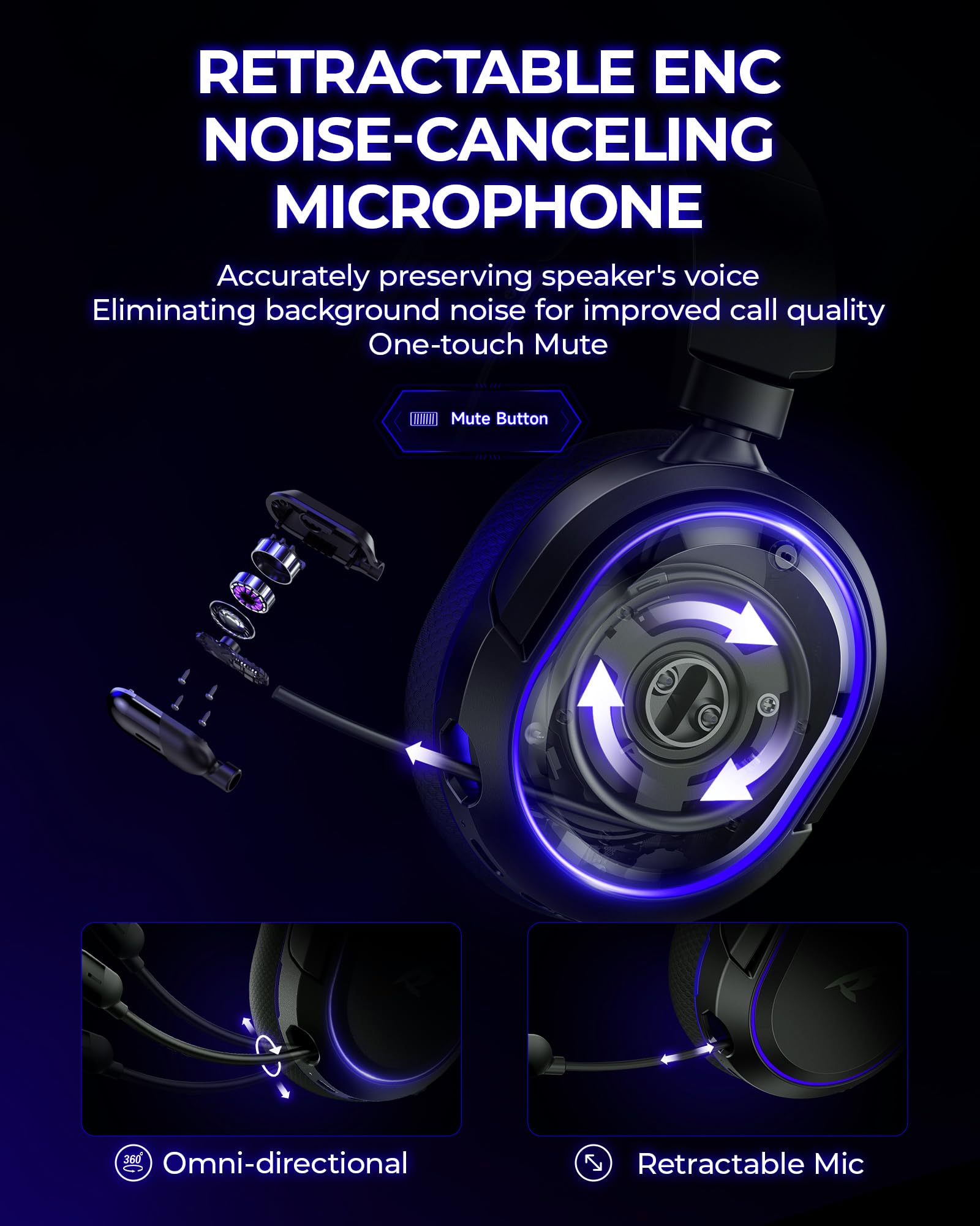 Wireless Gaming Headset, 7.1 Surround Sound, 2.4GHz USB Gaming Headphones with Bluetooth 5.4, 100H Battery, ENC Noise Canceling Mic, RGB Light, Wireless Headset for PC PS5 PS4 Mac Switch (Black-Blue) 6