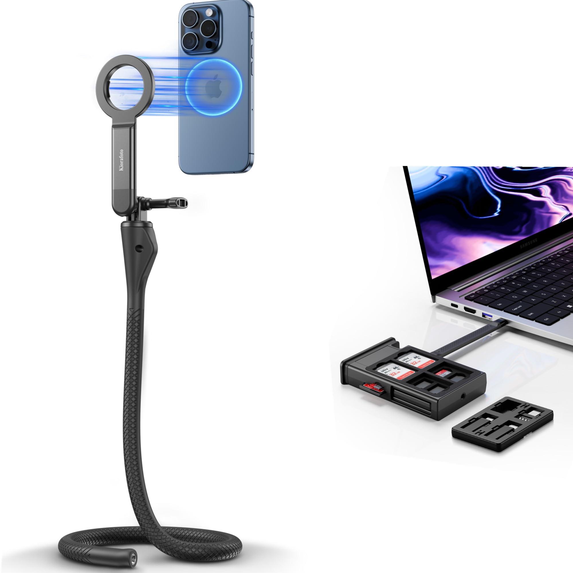 Cable Card+ Phone Mount：Cable Card High-Speed SD Card Reader Case with Magnetic Flexible Phone Mount